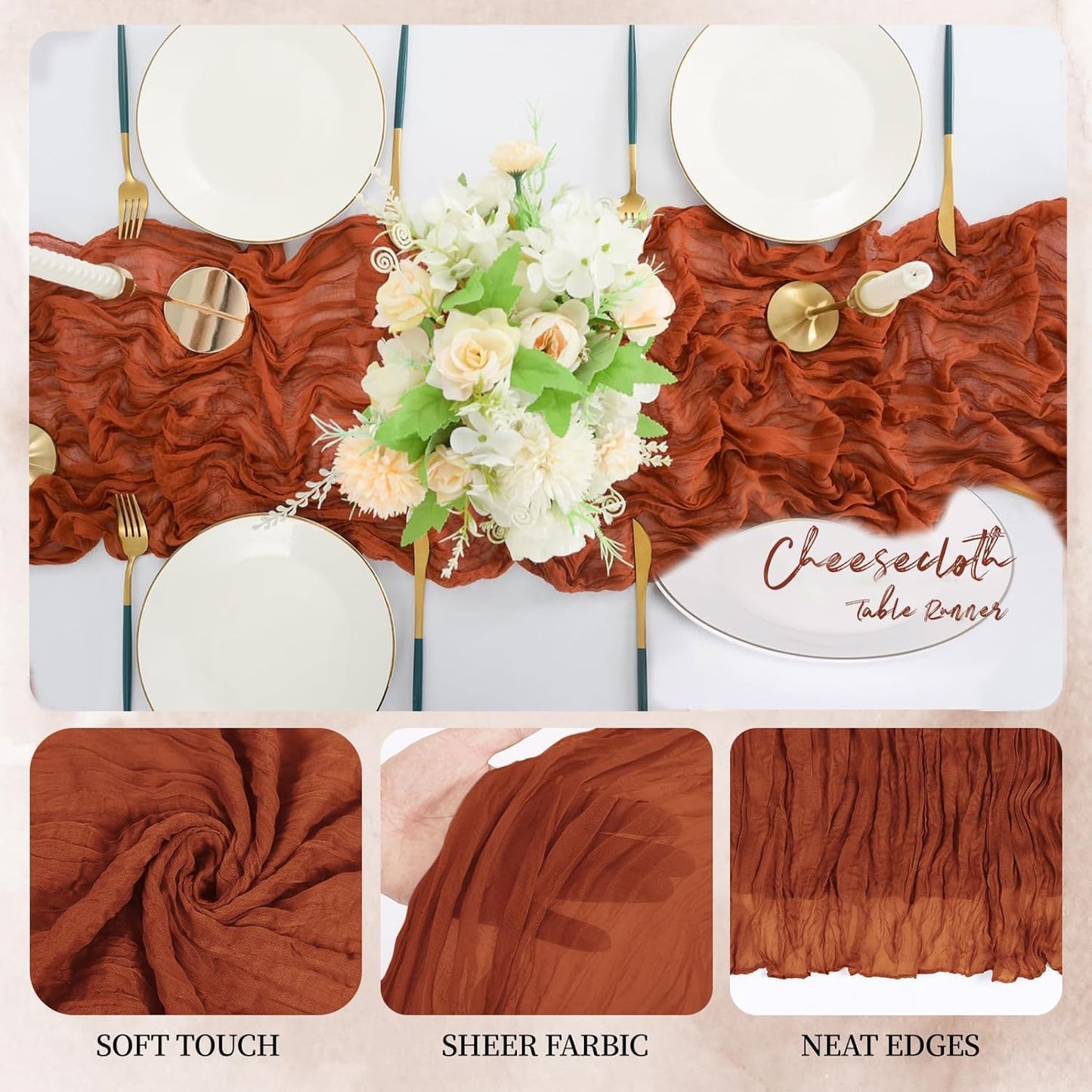 6 Pack Terracotta Cheesecloth Table Runner 23x120 inch Rustic Boho Gauze Table Runner 10 FT Long Sheer Cheese Cloth Fabric Table Runners for Romantic Wedding Bridal Shower Birthday Party Decor