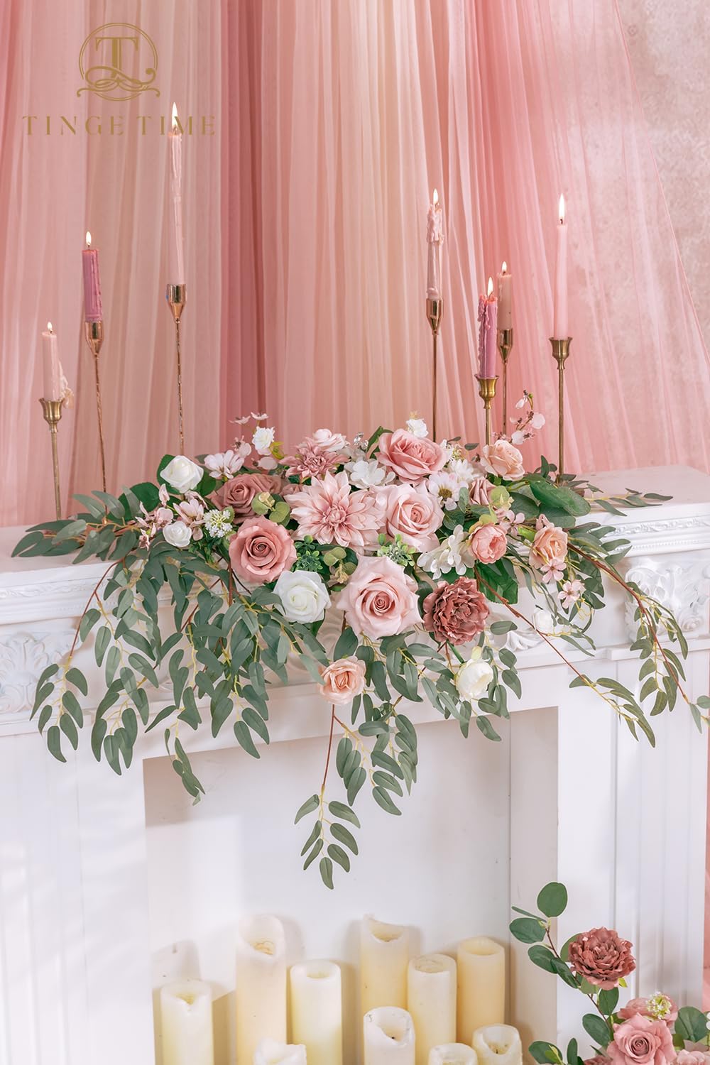 TINGE TIME Artificial Sweetheart Flower Swag with Tablecloth and Table Runner, Pack of 3 Floral Arrangement for Wedding Sweetheart Table Centerpiece Decoration Valentine's Day (DustyRose&Cream)