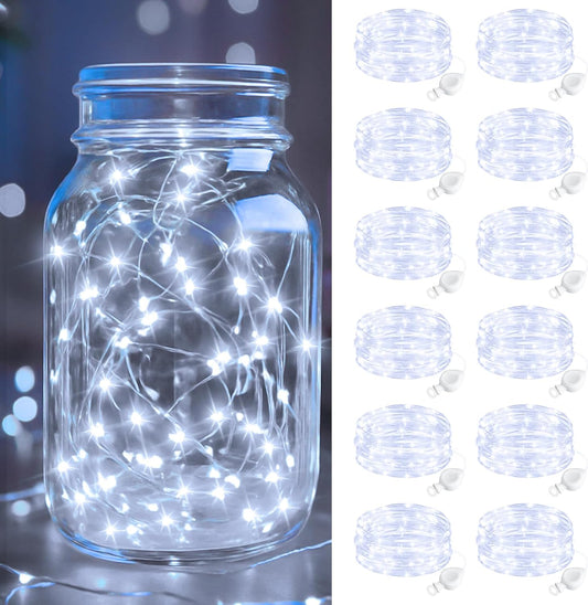 btfarm 12 Pack Fairy Lights Battery Operated, 7FT 20 LED Mini String Lights Waterproof Silver Wire for Mason Jars Centerpiece Table Crafts Bedroom Christmas Decoration, Cool White