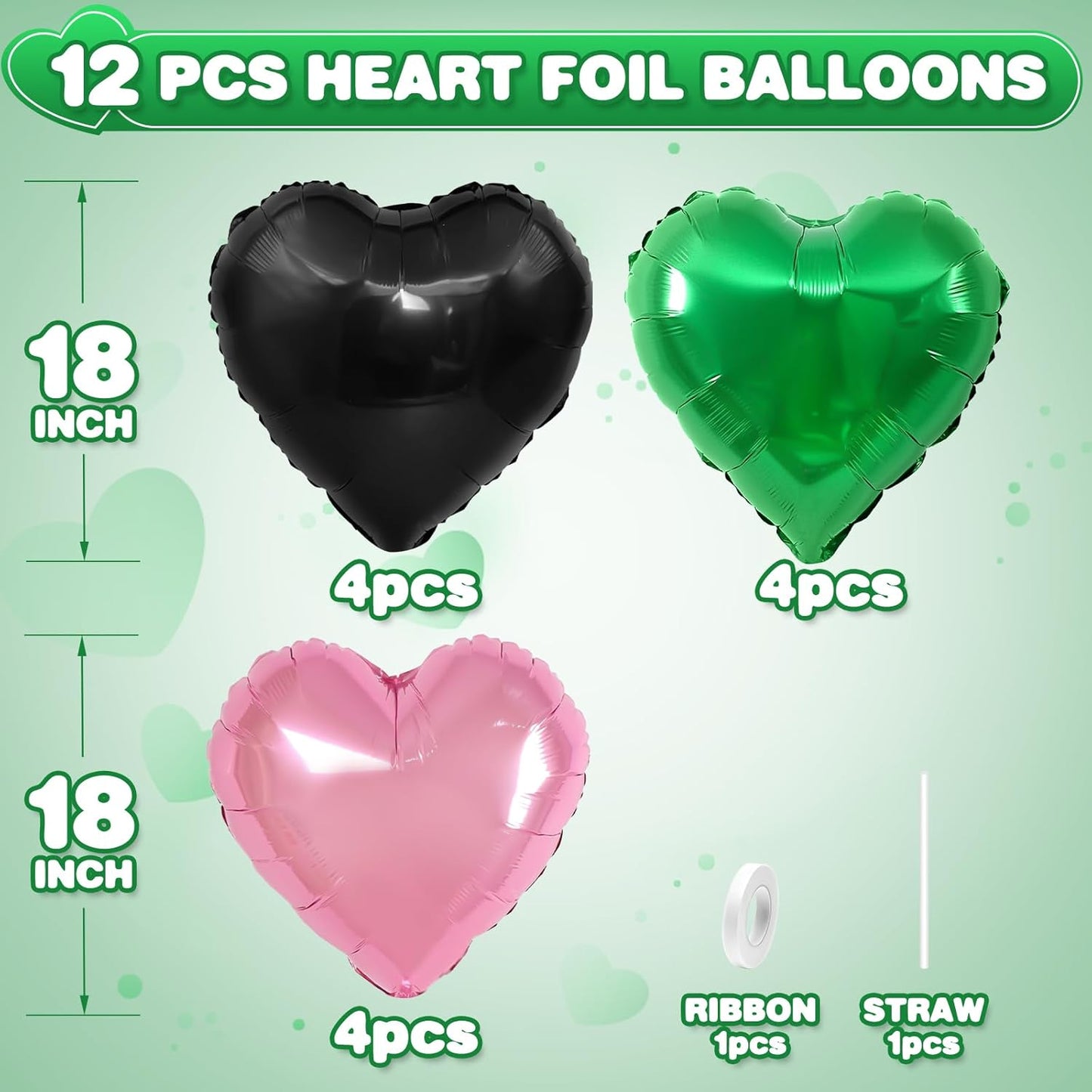 Black Green Pink Heart Balloons,12Pcs 18Inch Pink Green Heart Shaped Foil Helium Balloons for Baby Shower Witch Themed Birthday Anniversary Party Decorations