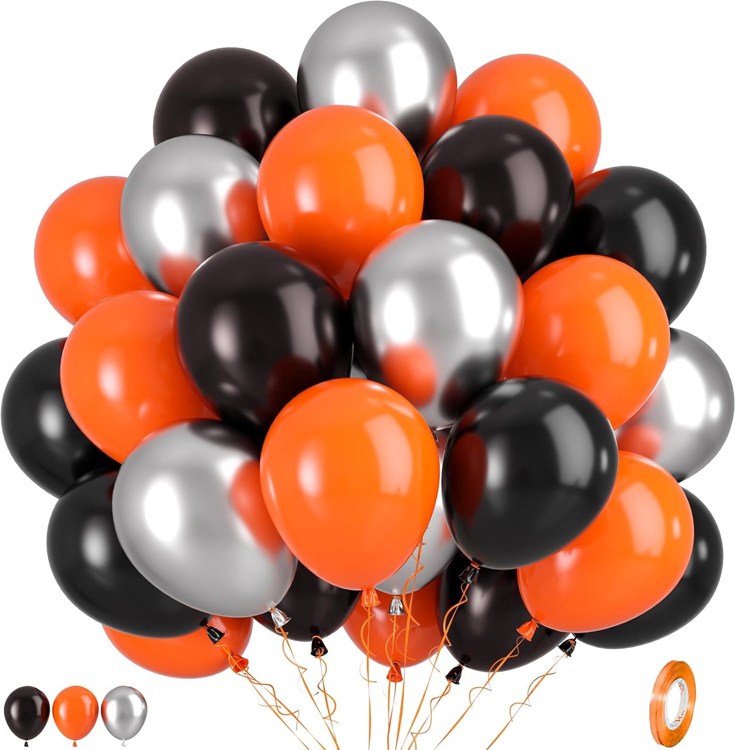 Black Orange Silver Balloons, 50pcs Black Orange Balloons, Metallic Silver Matte Orange Black Balloon for Birthday Boys Man Baby Shower Halloween Basketball Theme Party Wedding Bachelorette Decoration