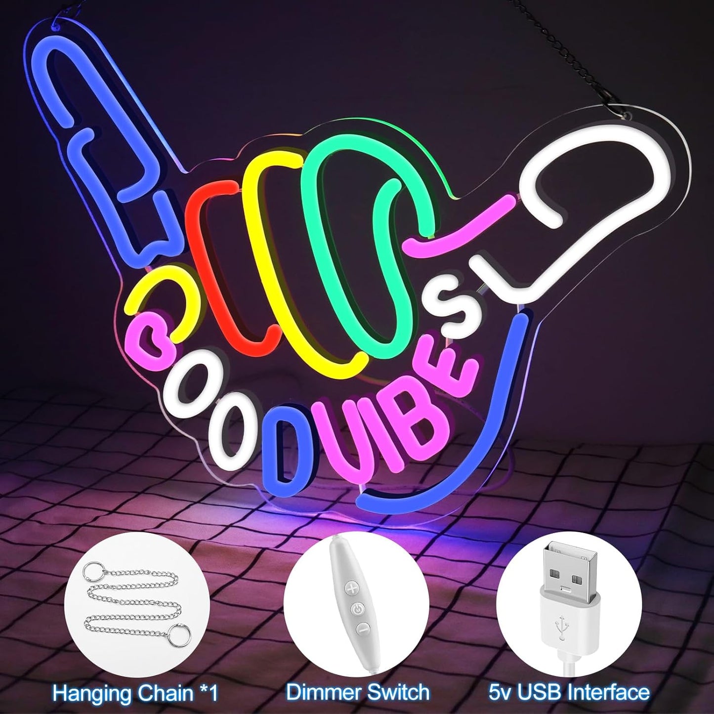 Good Vibes Only Neon Sign for Wall Decor, Niubility Good Vibes Neon Sign, Colorful Light-Up LED Sign, Dimmable USB-Powered Sign with ON/OFF Switch for Bedroom, Nursery, Club, Bar, and Party Decor