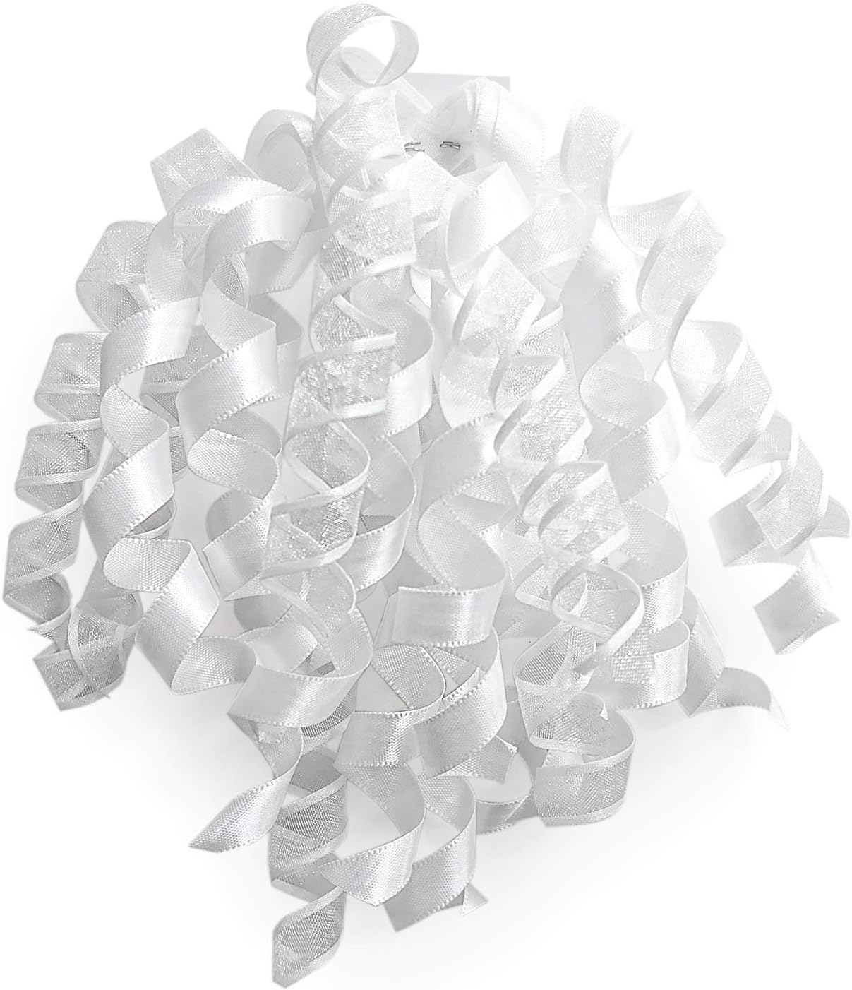 CT CRAFT LLC White Satin and Sheer Curly Ribbon Bow 6" Long x 6 Counts Gift Wrapping Pre-Tied Self-Adhesive Tab for Birthday Present Box Wine Bottle Baby Shower Party Christmas Hanukah