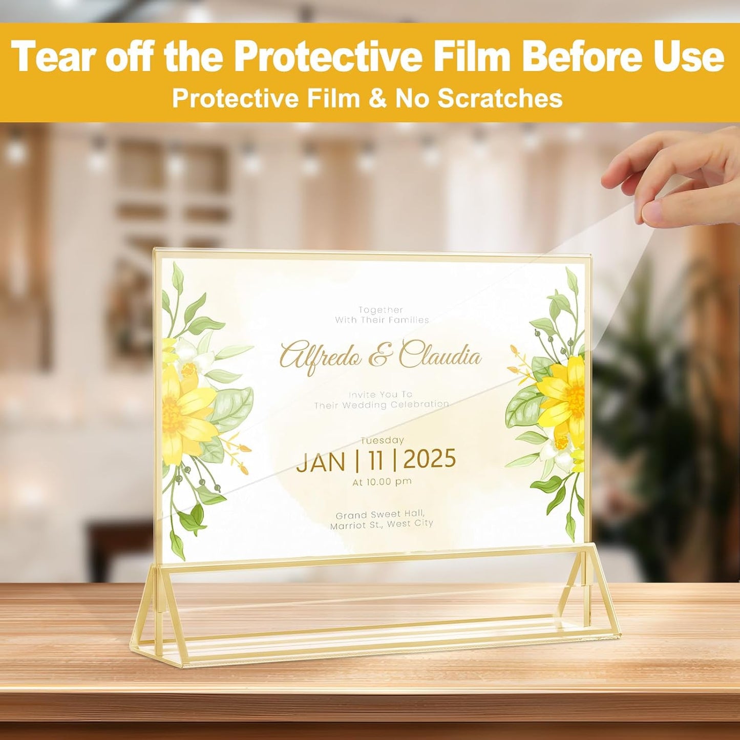 EHWINE 12 Pack Acrylic Sign Holder 5 x 7 Horizontal, Double-Sided Stand up Table Top Sign Holders, Gold Acrylic Picture Frame Menu Flyer Paper Holder Display Stand for Office Business Store Wedding Party