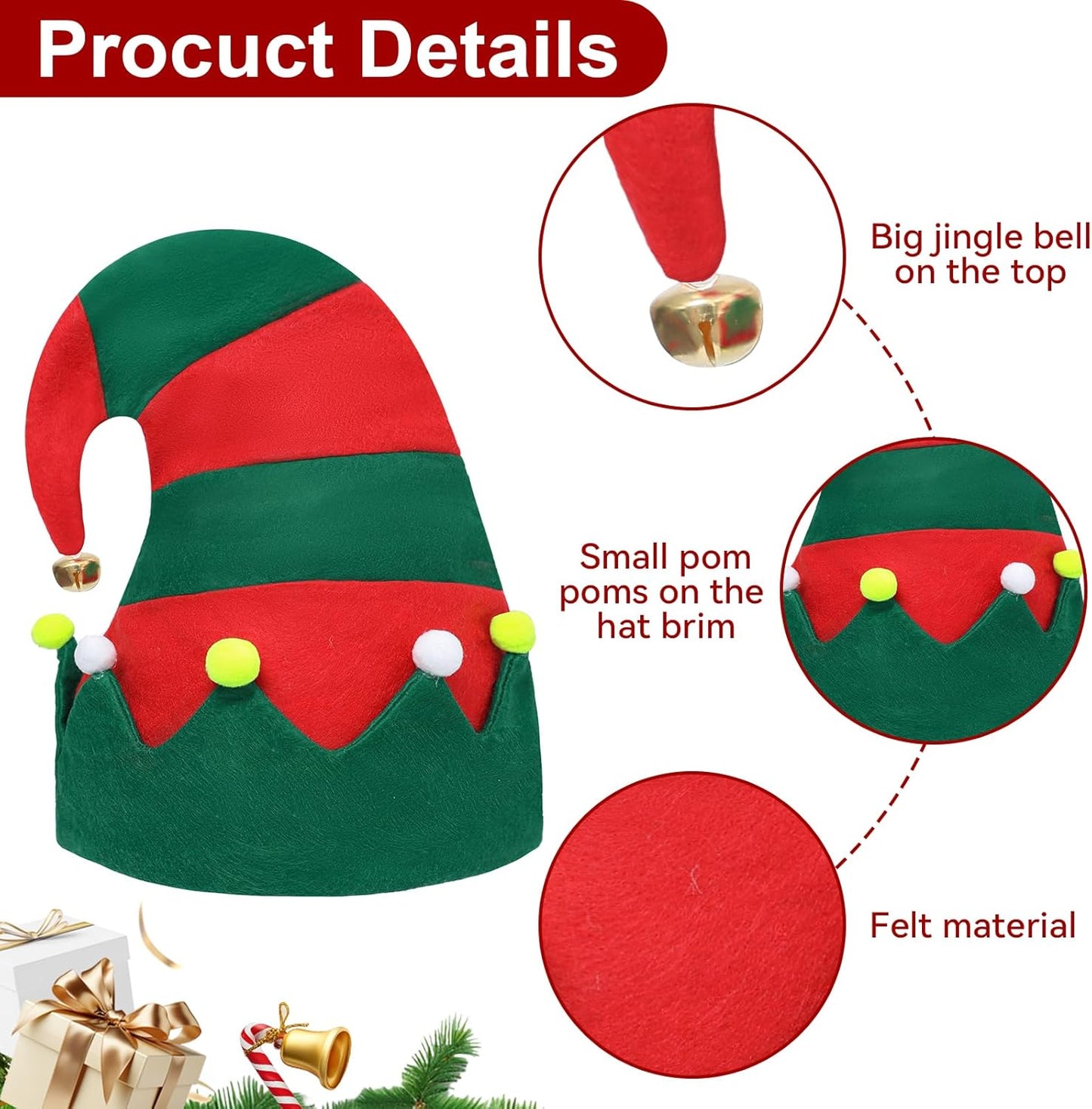 Felt Elf Christmas Hats, Unisex Elf Santa Hats for Adults, Soft Felt Thickened Santa Hat for Holiday Festive Party Supplies