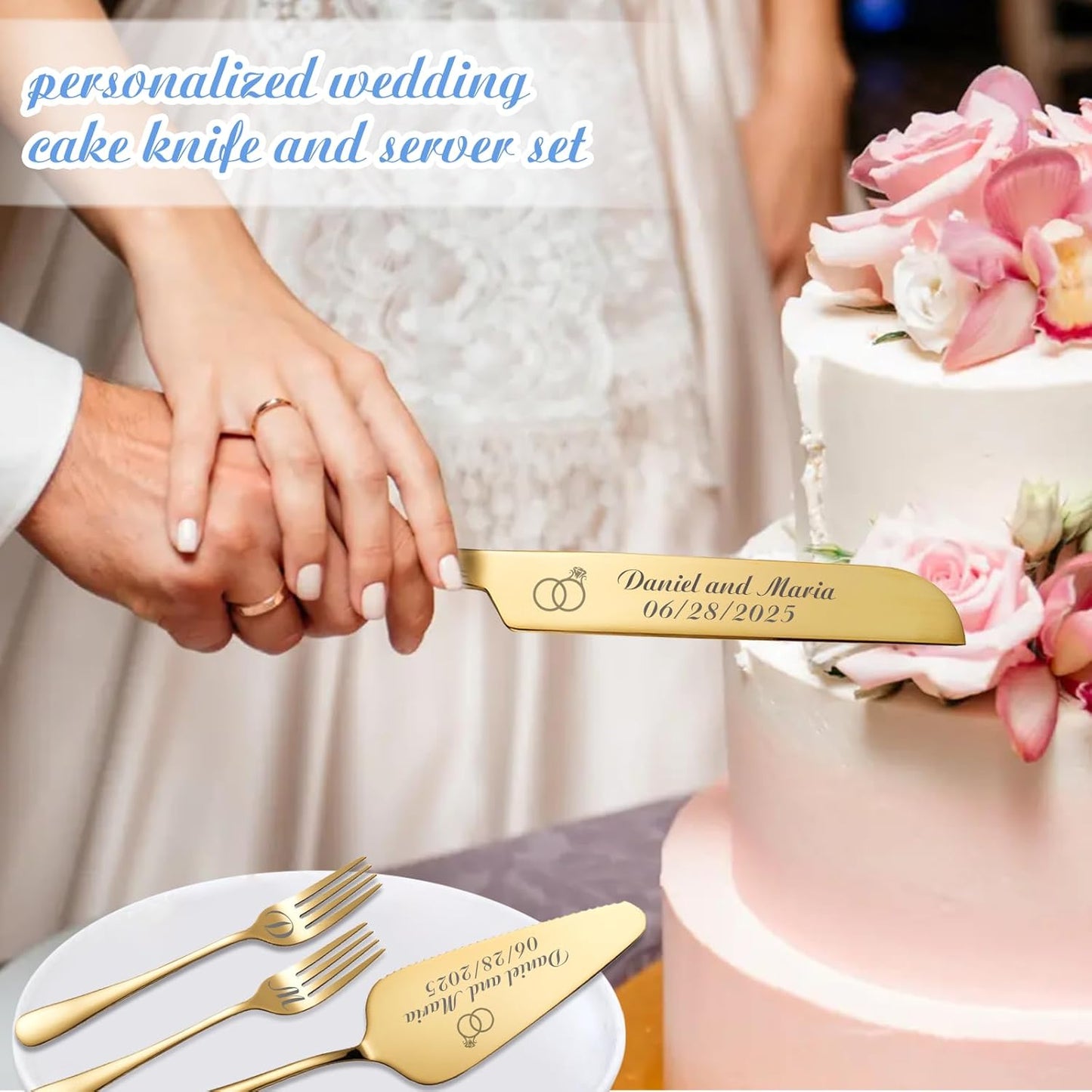 Personalized Wedding Cake Knife and Server Set, Custom Names Cake Cutting Set with Stainless Steel Forks, Customized Bridal Anniversary Birthday Wedding Registry Gifts (Gold)