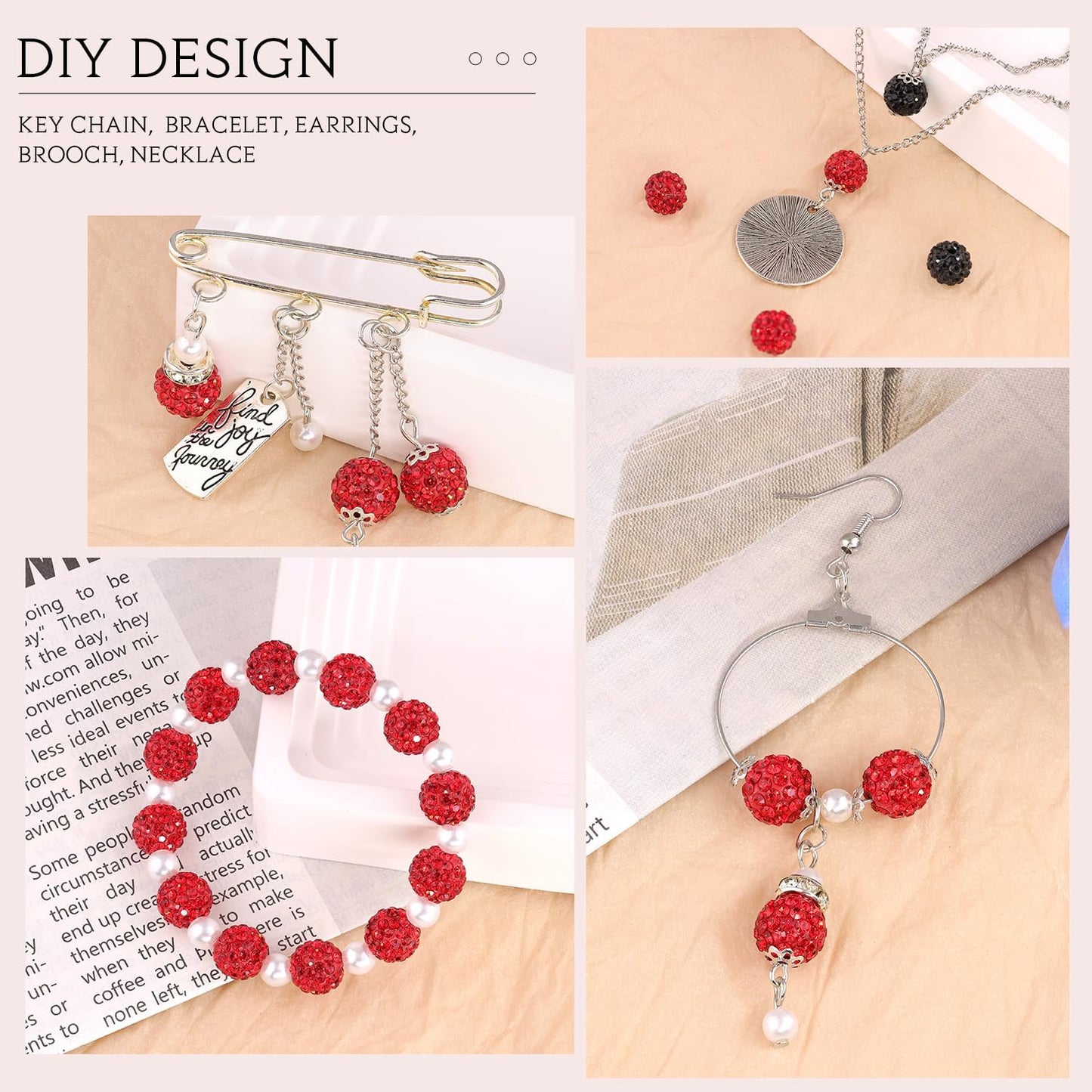 200pcs 10mm Red Rhinestone Beads for Jewelry Making, Shiny Round Shamballa Disco Ball Beads Bulk, Sparkle Crystal Clay Christmas for Bracelet Baseball Necklace Earring Crafting and DIY