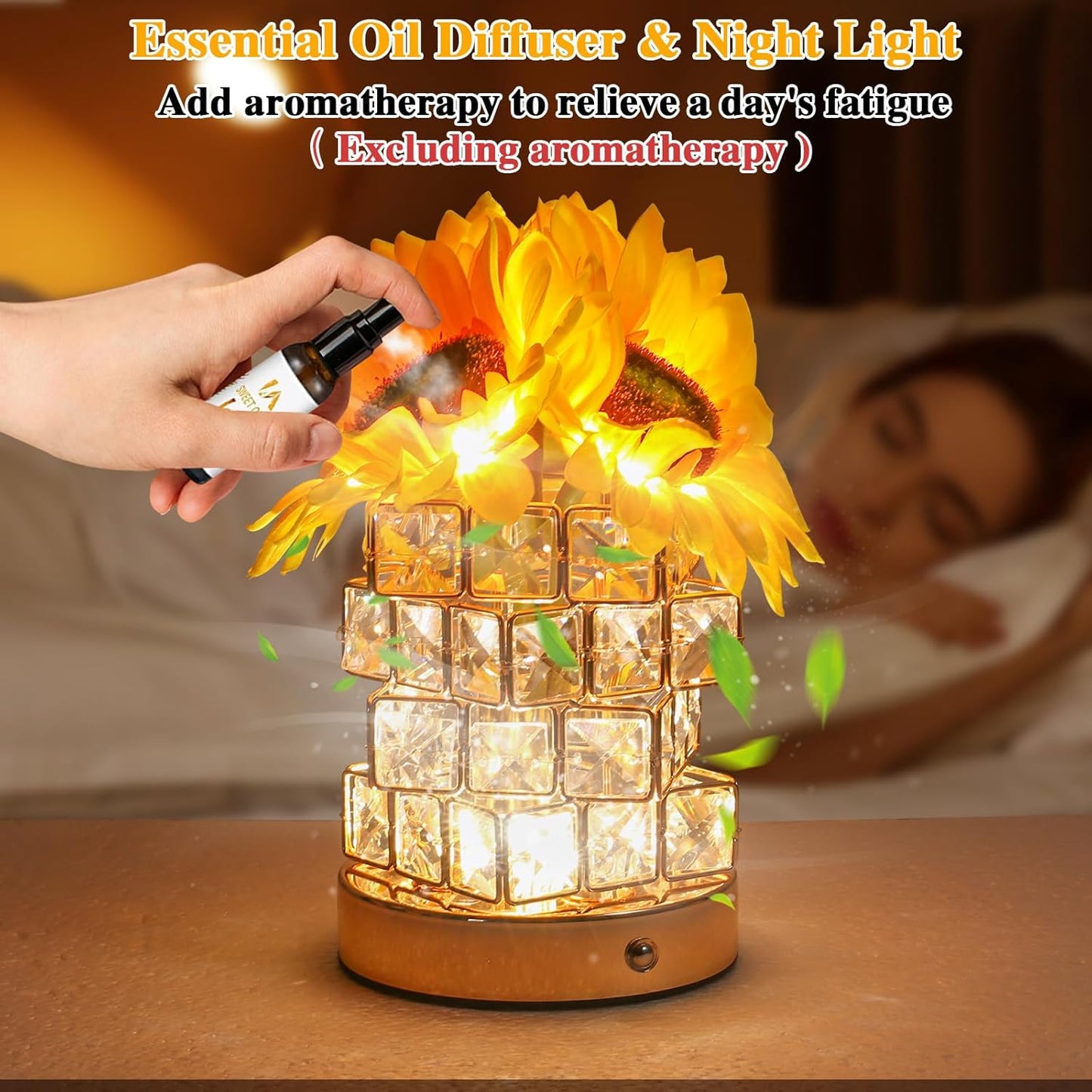 Birthday Gifts for Women/Mom Sunflower Cordless Table Lamp,3 Color Crystal Lamps Touch Bedside Lamps Infinitely Dimming with USB Charge Small Night Light,Nightstand Lamp for Bedroom (Square)