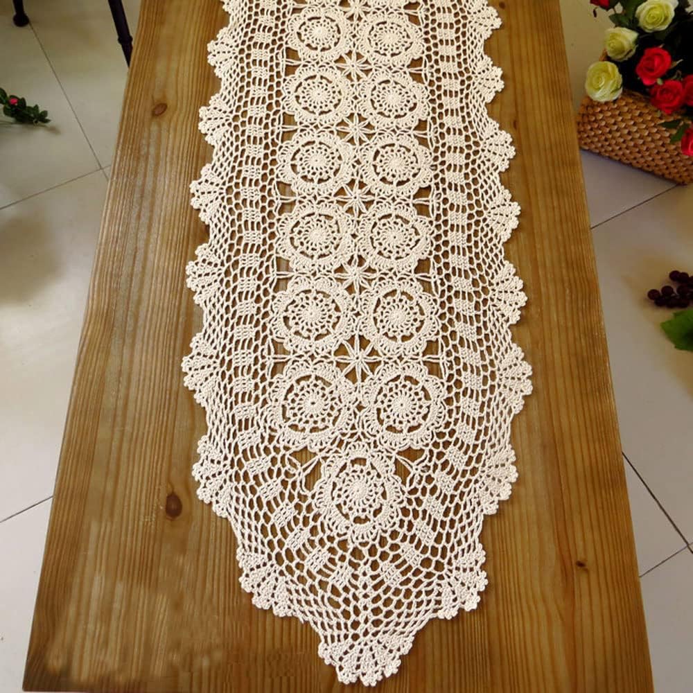Cotton Handmade Crochet lace Table Runners Oval Tablecloth Doilies Doily Table Dresser Scarf Décor,15x35 inch,Beige