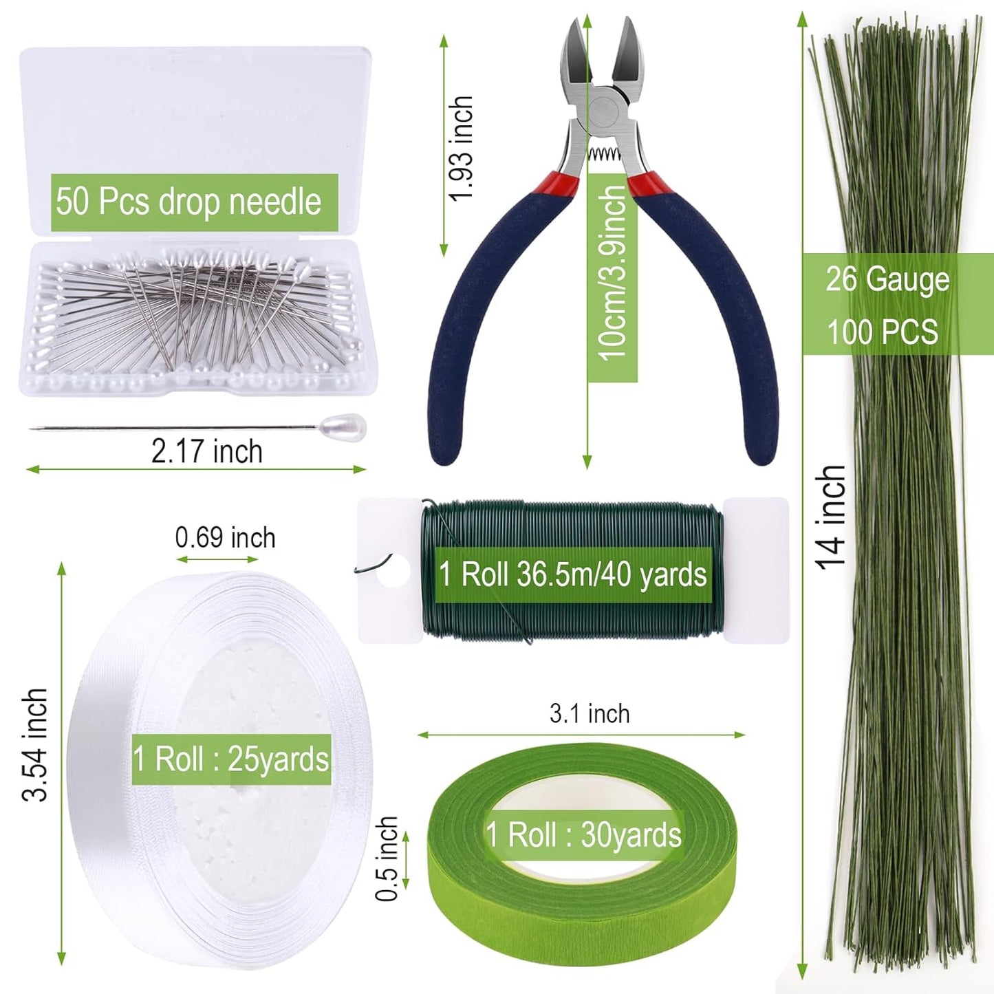 GLAMFIELDS Floral Tape and Floral Wire,Floral Arrangement Kit with Green Flower Tape for Bouquets,Boutonniere pin,White Ribbon, Wire Cutter for Bridal Bouquet kit, Wreath Making Supplies