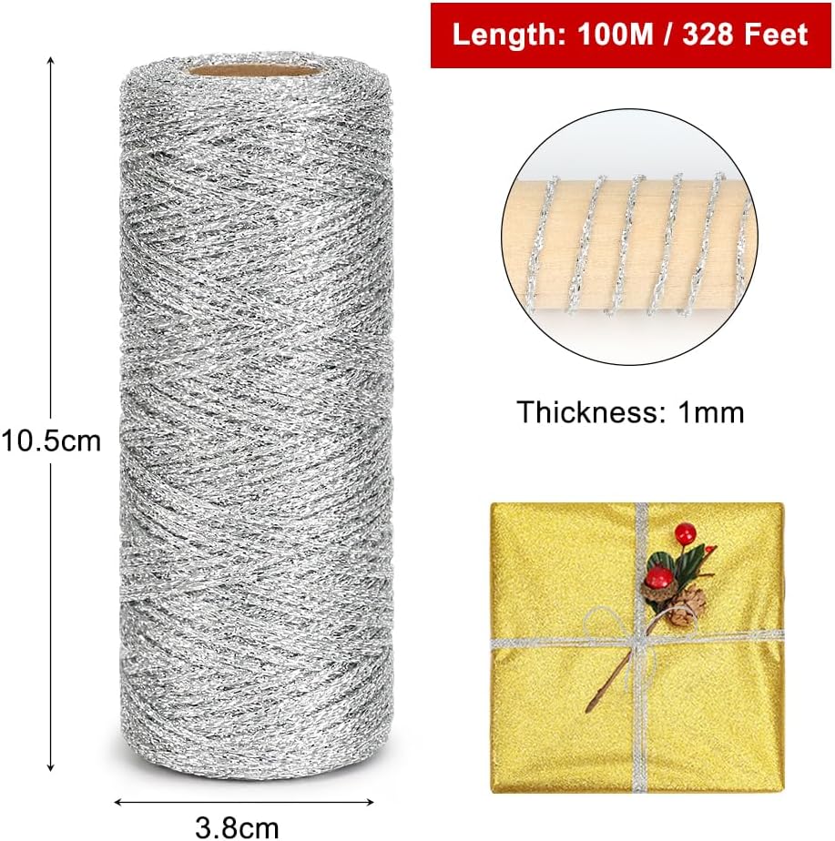 Tenn Well Metallic Silver Twine, 328 Feet 1mm Craft String for Gift Wrapping, Christmas Ornaments, Holiday Decorations, DIY Crafts