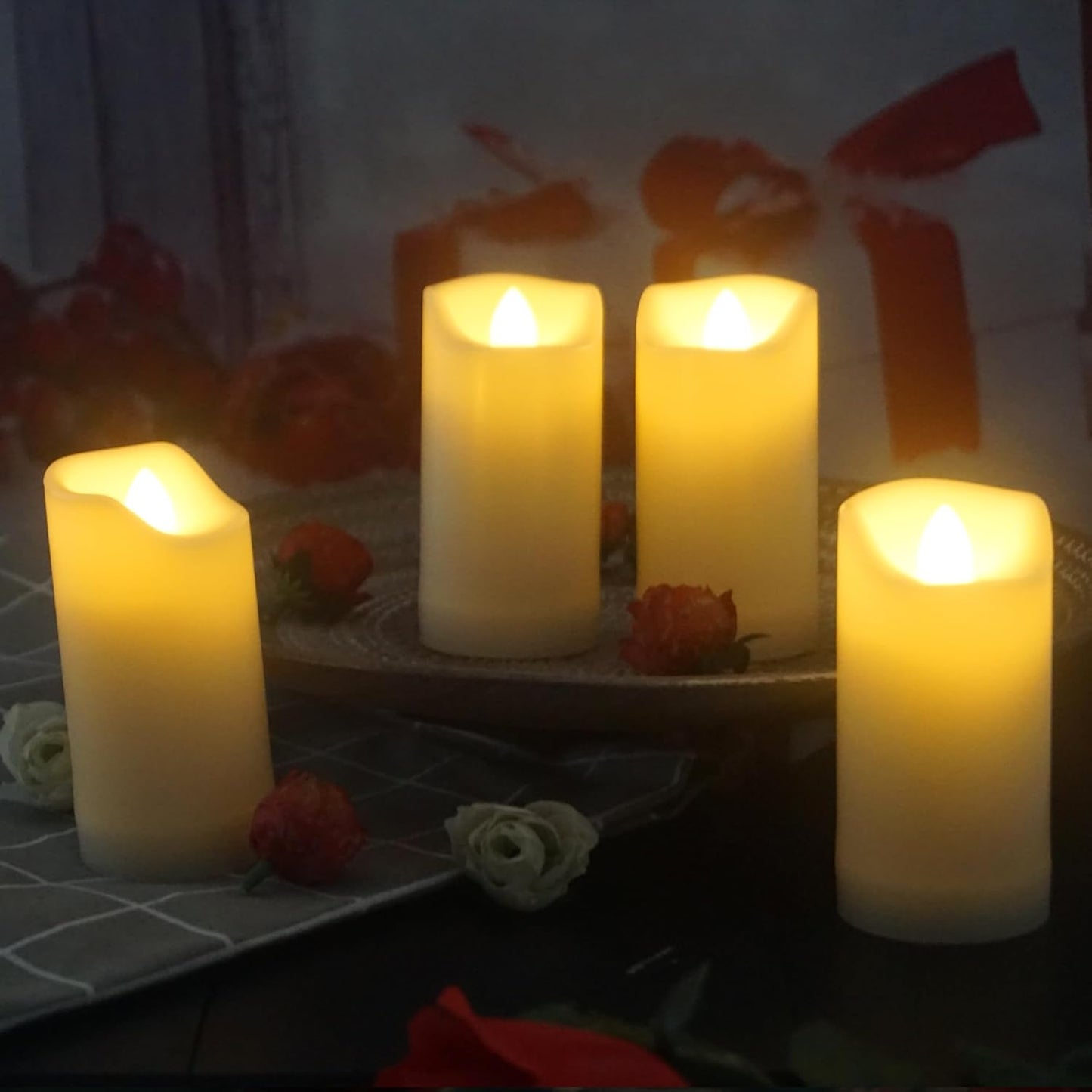 QIDEA 2”X4” Outdoor Waterproof Flameless Candles with Timer, Battery Operated Flickering Led Pillar Candles, Electric Plastic Fake Candles for Home Garden Wedding Halloween Xmas Decorations 4 Pack