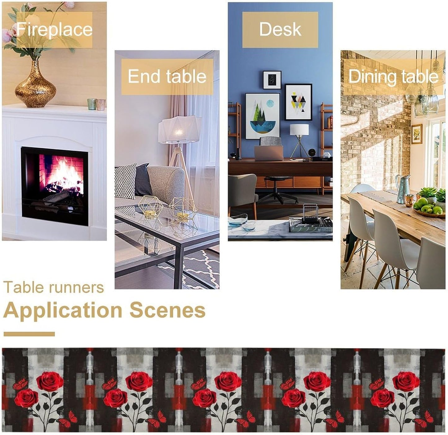 Abstract Art Rose Table Runner, Red Roses Floral Butterfly Black Red Grey Ink Background Pattern Kitchen Dinning Table Runner for Indoor Outdoor Home Wedding Party Holiday, 13x60 Inch