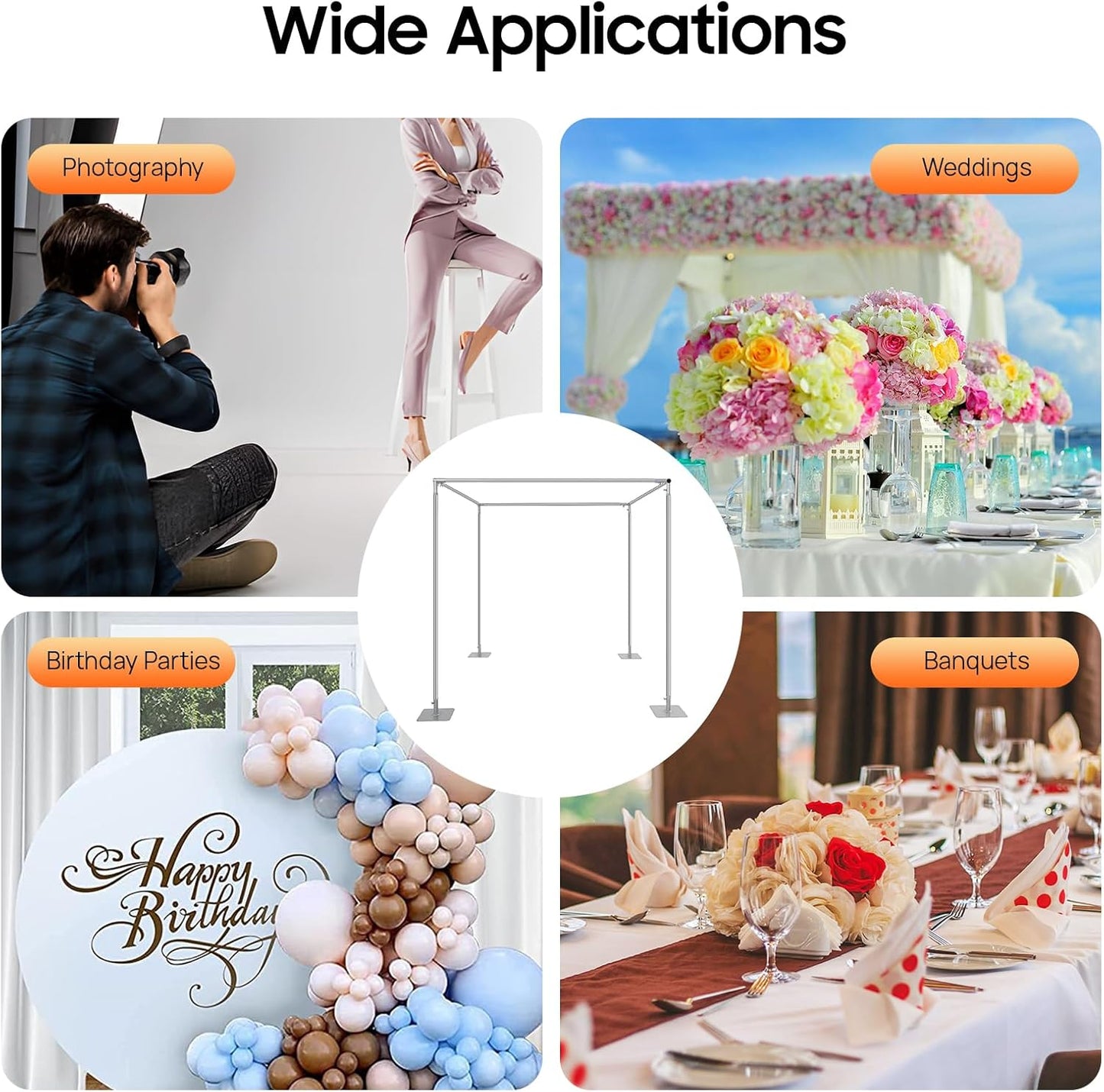 Wedding Backdrop Stand 4 Post,5ft~10 ft Adjustable Wedding Hardware Kit Chuppah Canopy Detachable Metal Background Frame Photo Booth for Party Wedding Ceremony Event