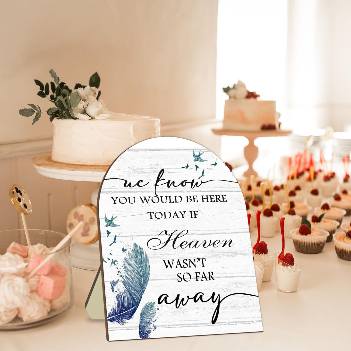 Memorial Table Sign for Wedding, We Know You Would Be Here Today Wooden Sign with Stand, Feather Decoration Wedding Loving Memory Sign for Ceremony and Reception 9 * 11IN