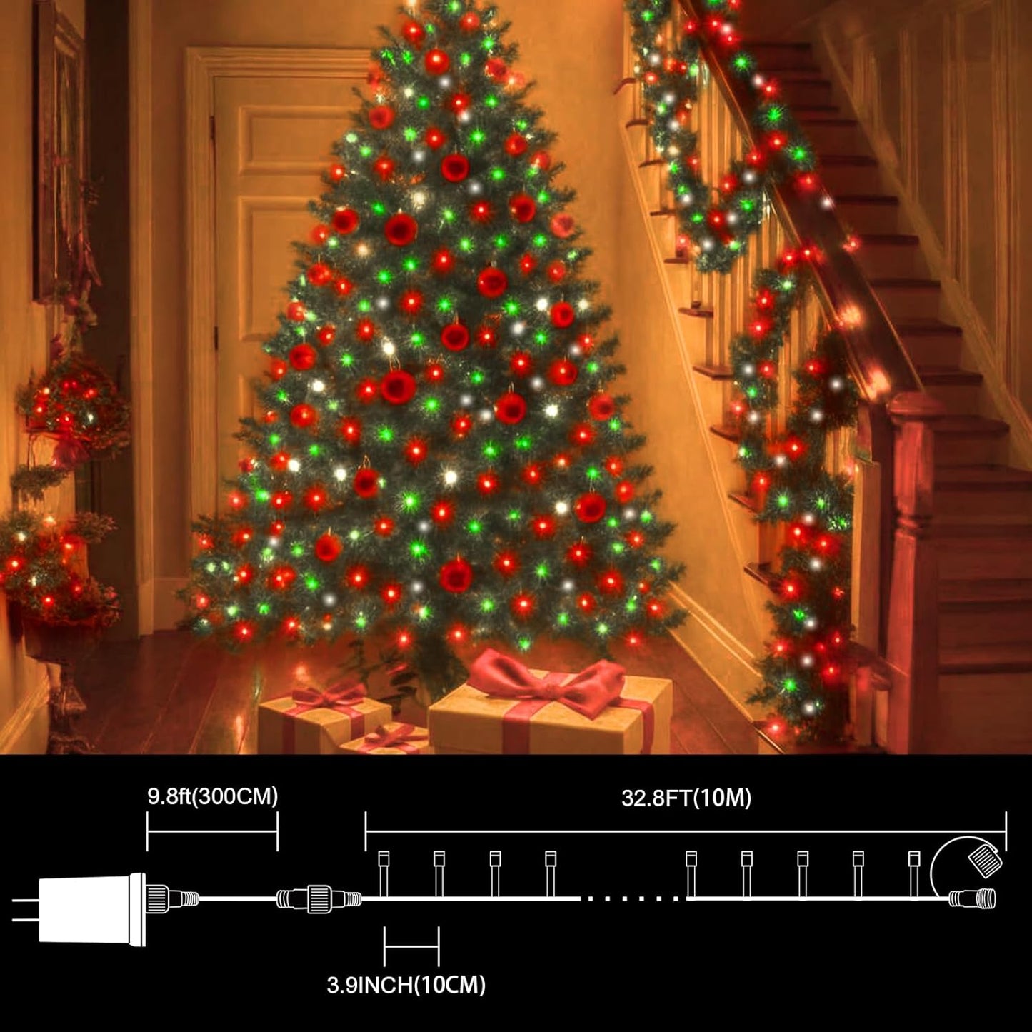 LAMPHOME 33ft Christmas Decorative Mini Lights, 100 LED Transparent Wire Fairy Starry String Lights Plug in, 16 Lighting Modes for Outdoor Xmas Tree Wedding Party Decoration (Red/Green/White)