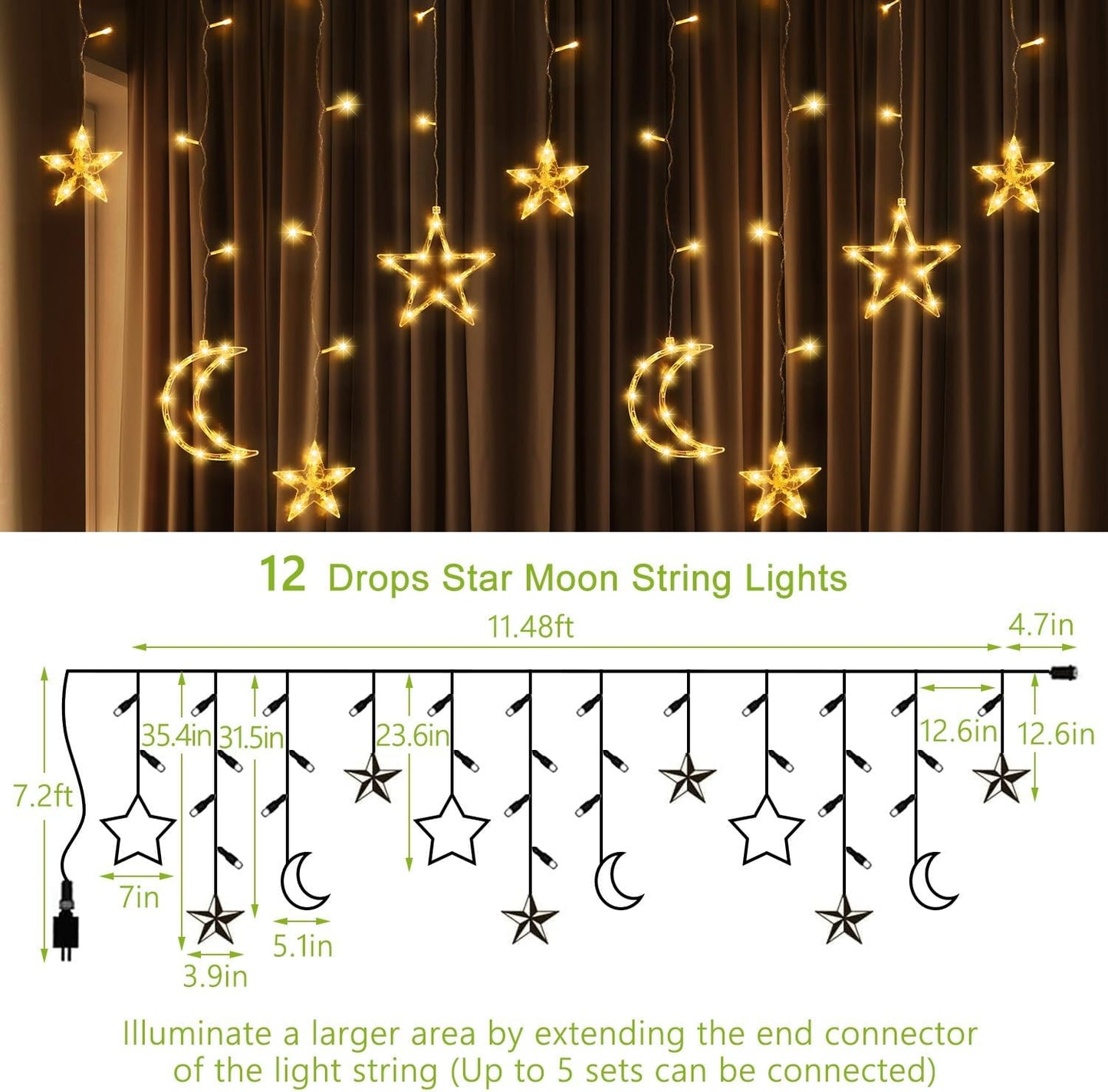 PUHONG Christmas Lights, 11.48FT Curtain String Lights with 8 Light Modes, Star Moon Indoor Outdoor Fairytale String Lights for Bedroom, Window, Wall, Home, Ramadan, Christmas Decoration - Warm White