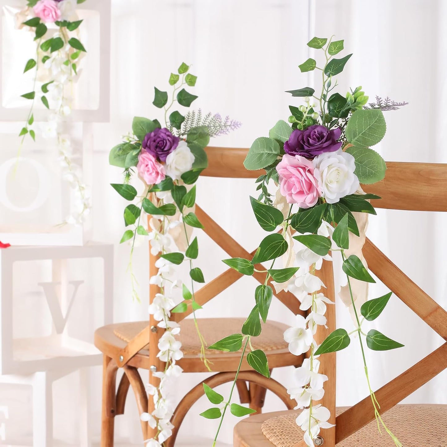 Wedding Aisle Decorations Set of 10 Chair Back Flowers Floral Pew Wedding Decorations for Ceremony with Chiffon Ribbons Fall Decor