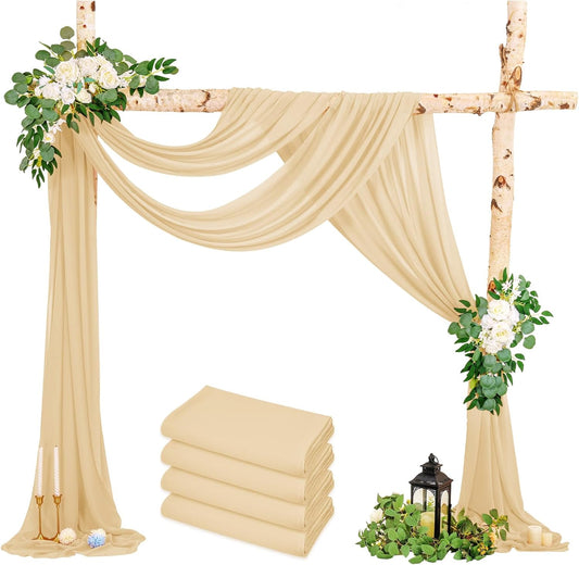 4 Panels Wedding Arch Draping Fabric, 28" x20ft Champagne Drapes, Sheer Chiffon Curtain Arbor Drapery Ceiling Drapes Backdrop for Ceremony Party Decor