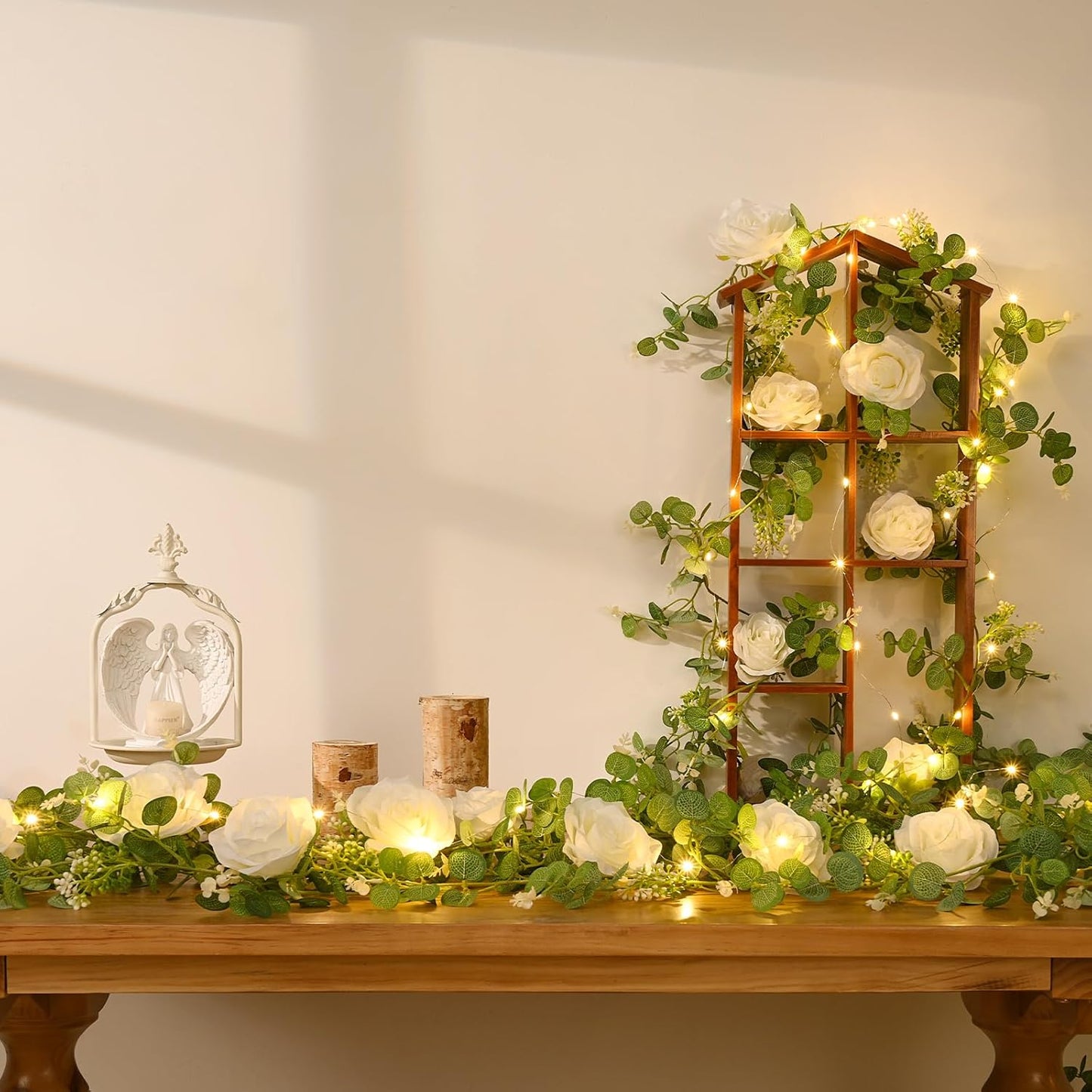 Dolicer 2Pcs 13Ft Artificial Eucalyptus Garlands with Flowers - 8 Roses, Faux Floral Greenery Garlands with 13Ft String Lights Fake Flower Vines for Wedding Table Centerpieces Arch Party Decor (White)