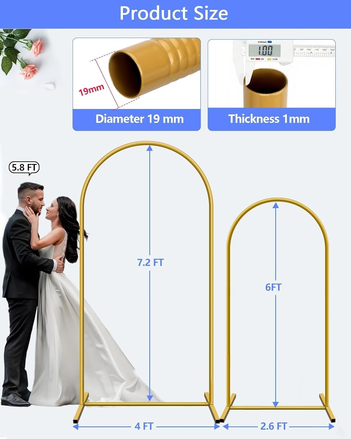 HEMMOTOP Metal Arch Backdrop Stand Set of 2 (7.2ft + 6ft), Wedding Arch Frame, Stable Background Stand with Square Base Ground Nails, for Birthday Party Baby Shower Garland Decoration, Gold