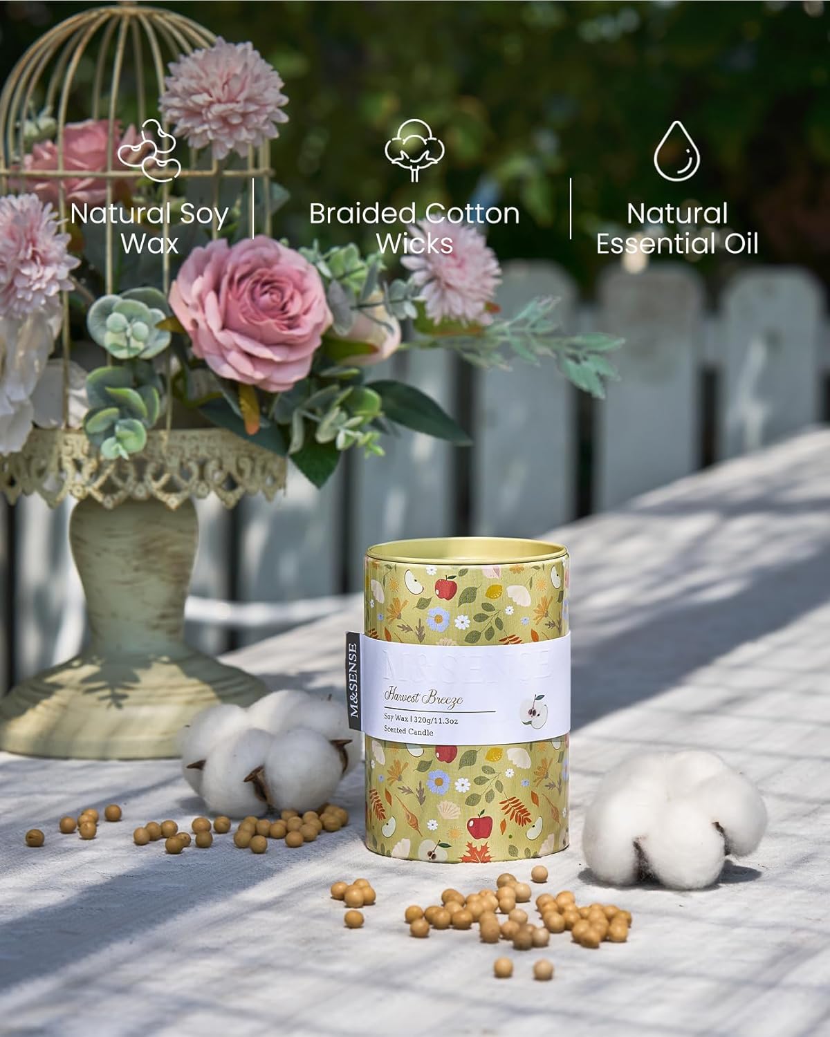 M&SENSE Harvest Breeze Scented Candle, Medium Jar Candle 11.3oz Natural Soy Wax for Home Scented, Floral Candles Gift for Spring Holiday, Up to 70 Hours Burning Long-Lasting Fragrance
