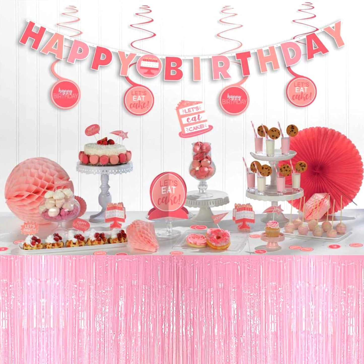 4 Pack 29x108 Inch Metallic Foil Fringe Tinsel Table Skirts for Rectangle Tables Streamer Backdrop for Wedding, Birthday, Parade Floats, Christmas, Halloween Party Decoration(Macaron Pink)