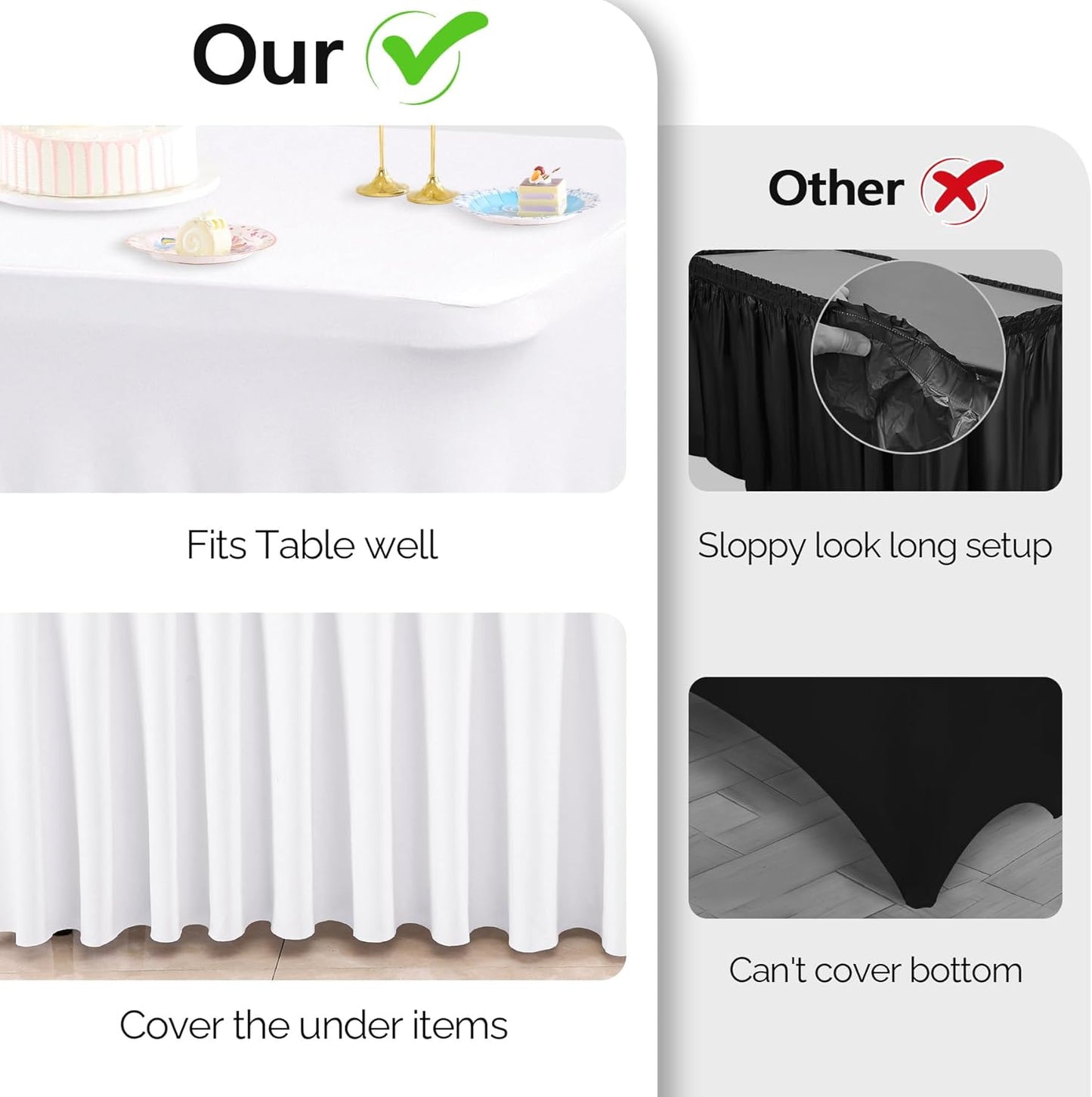 Wish Care 2 Pack White Spandex Table Clothes for 8 Foot Rectangle Tables, 8FT Wrinkle Free Fitted Tablecloths Ruffles Design Table Cover for Party, Banquet, Wedding and Events