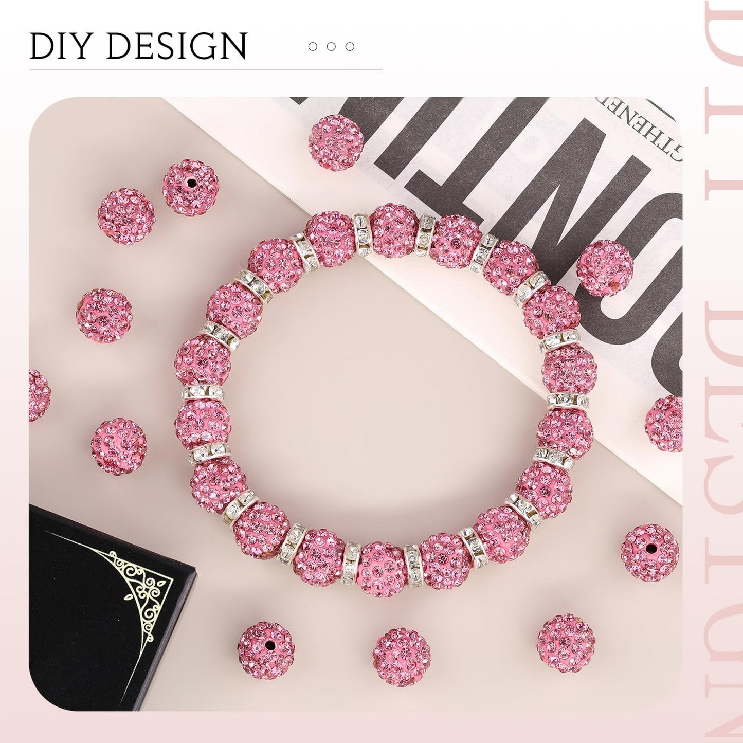 100pcs 10mm Rhinestone Beads for Jewelry Making, Dark Pink Shiny Round Shamballa Disco Ball Beads Bulk, Sparkle Crystal Clay Christmas for Bracelet Baseball Necklace Earring Crafting and DIY