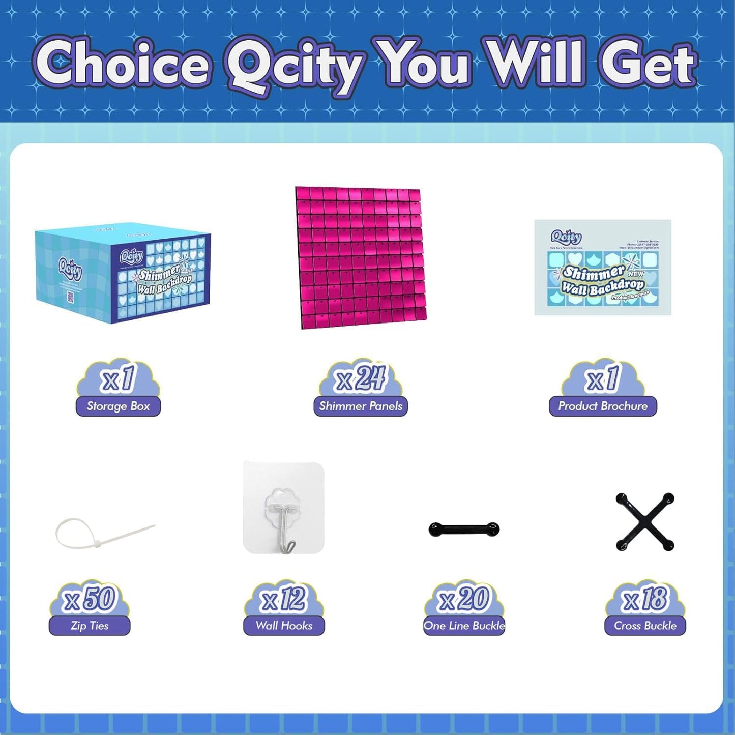 Qcity Hot Pink Shimmer Wall Backdrop 24PCS, Black Back Not See-Through Design, Square Sequin Glitter Backdrop Panel, Perfect for Outdoor Events, Birthdays, Wedding and Party Decoration