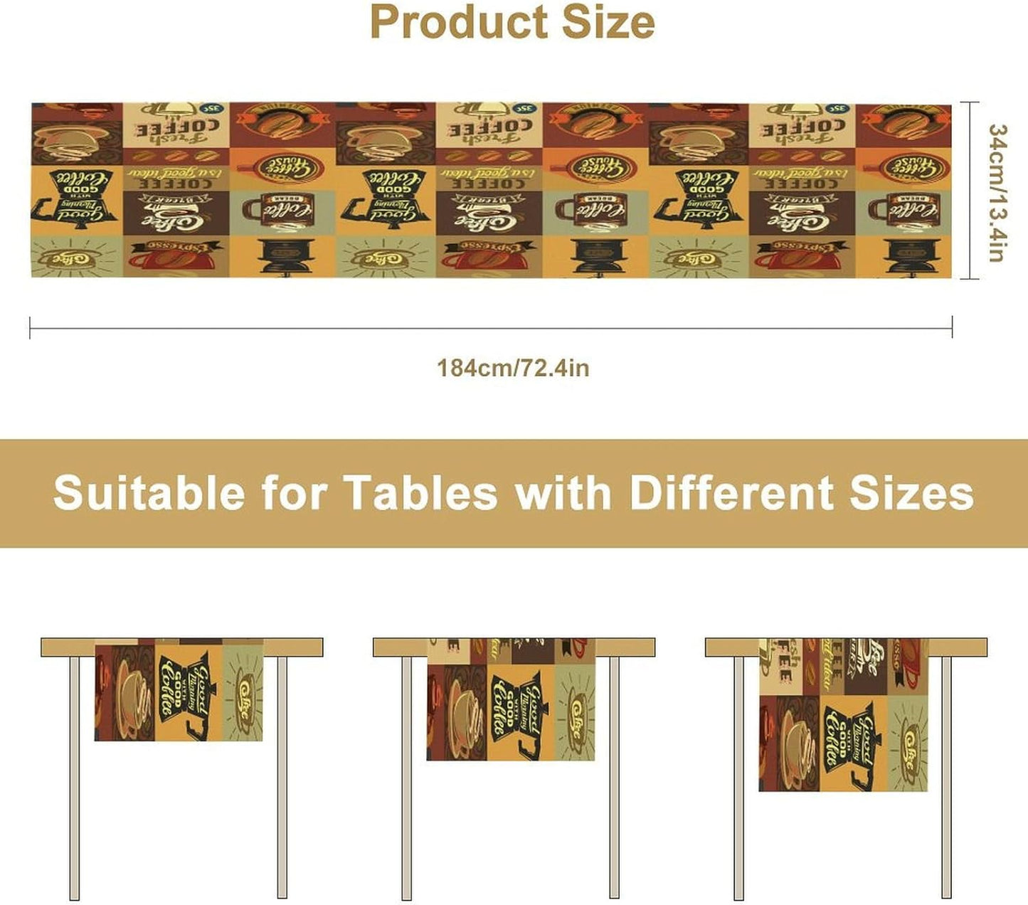 Coffee Table Runner,Vintage Style Coffee Beans Cups Theme Design Pattern Print Tablecloth Burlap for Hotel Indoors Outdoor Dining Room Kitchen Holiday Party, 13x70in
