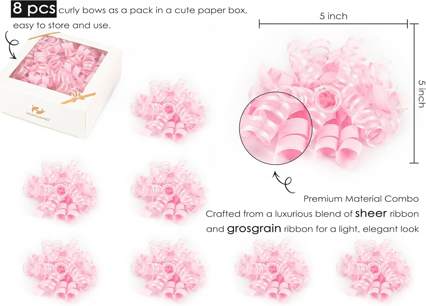 HUIHUANG Pink Gift Bows Self-Adhesive Curly Ribbon Bow 5 inch x 8 Counts Light Pink Bow for Gift Wrapping, Presents, Paper Bag, Baby Shower Favors, Wrapping Accessories, Party Decor