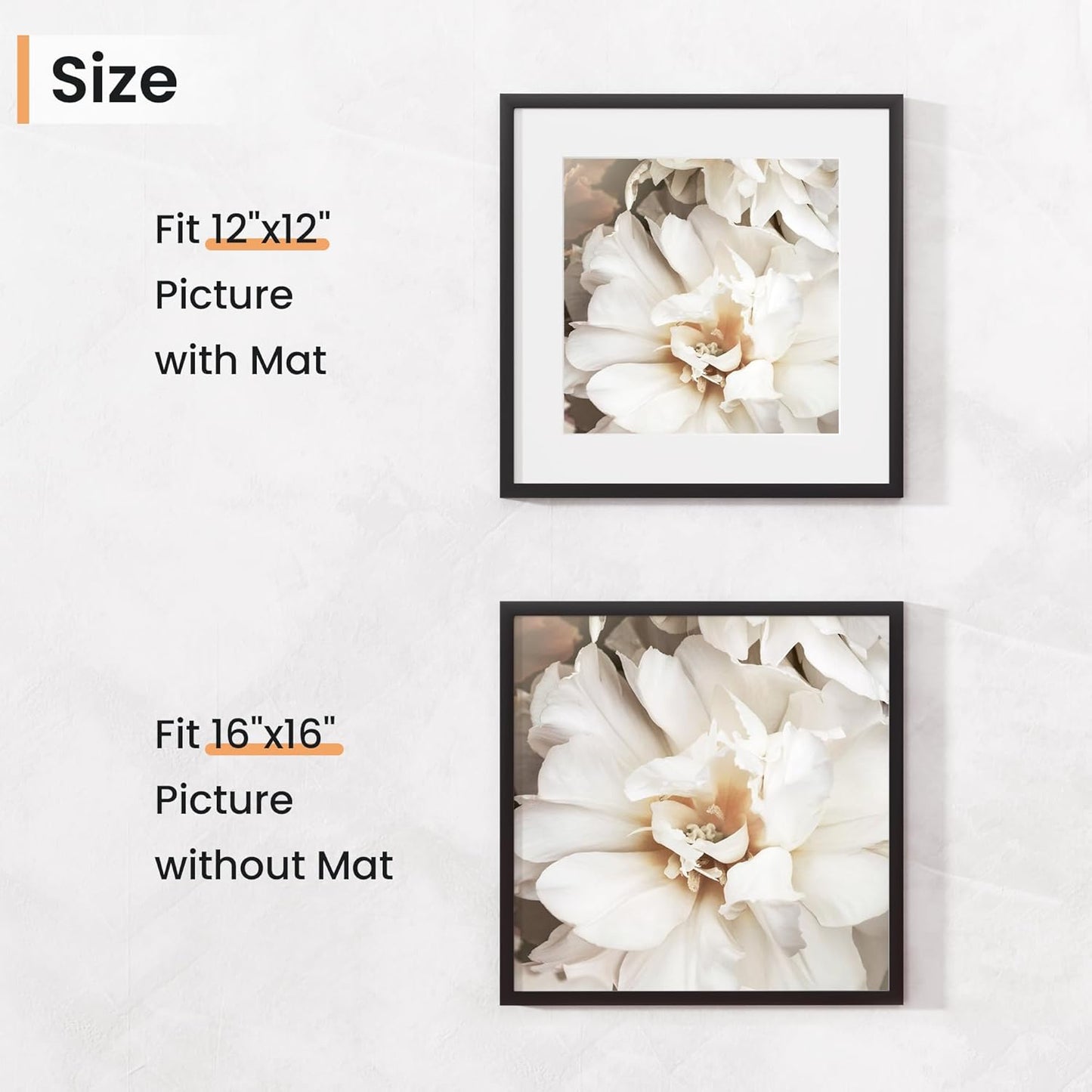 16x16 inch Picture Frame, 16x16 Photo Frames with 12x12 Removable Mat - High Definition Plexiglass - Vertical and Horizontal Display - Wall Hanging Frame - Black, 3 Pack