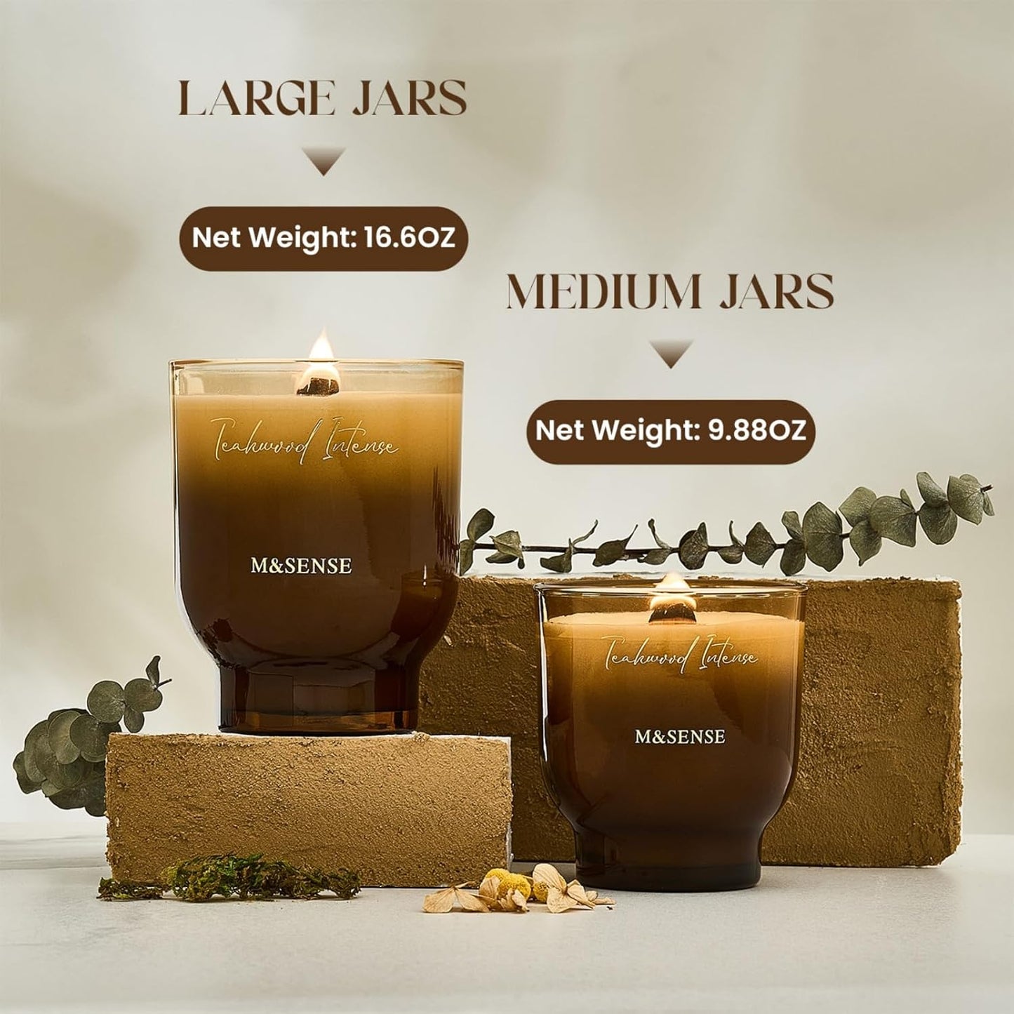 M&SENSE 16.6oz Natural Soy Large Jar Candle with Wooden Wick | Teakwood Intense Scent | 95-Hour Burn & Long-Lasting Burn | Housewarming Gift for Men and Women