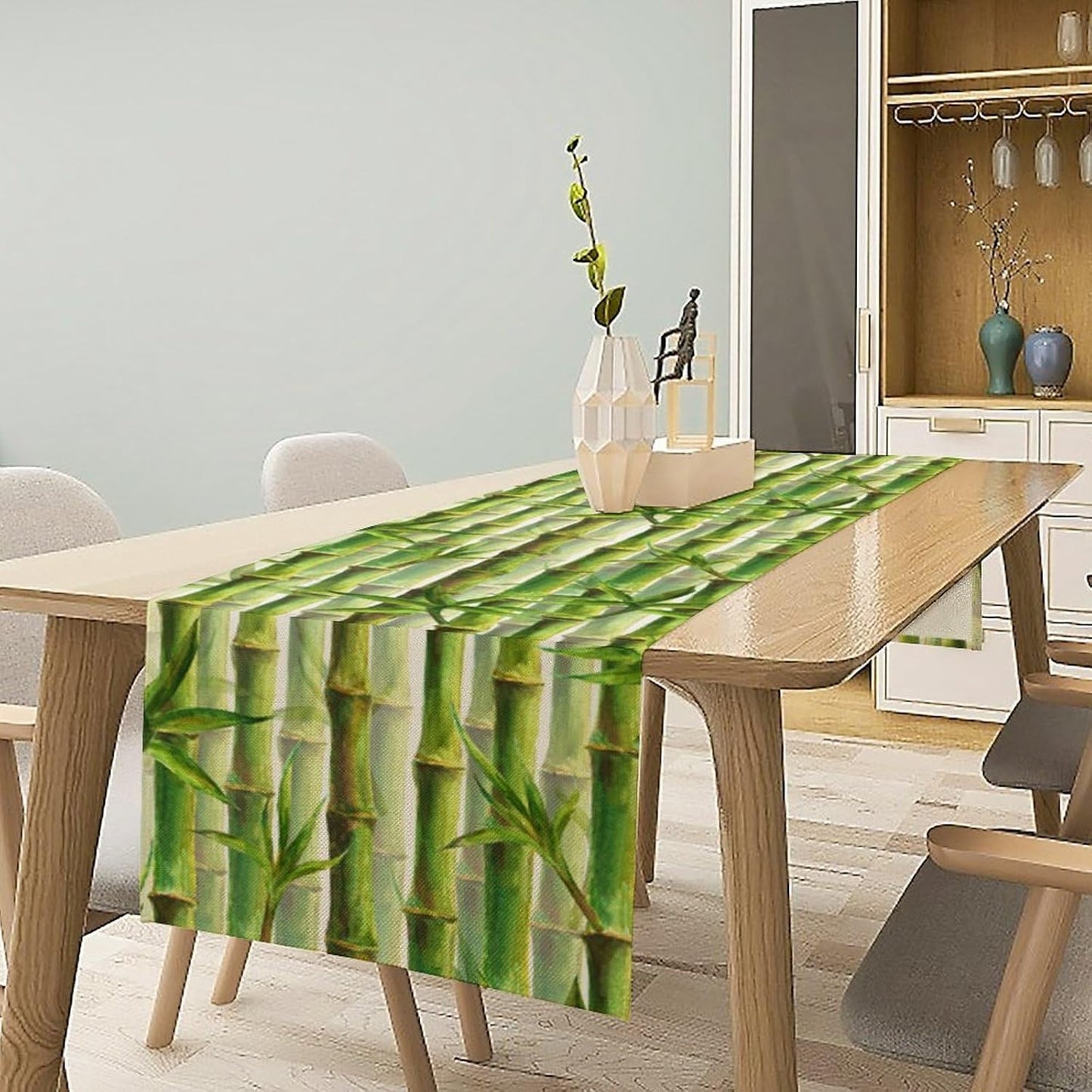 Bamboo Table Runner,Green Plant Print Table Runner for Kitchen Dining Table Home Party Decoration 13x60 Inch