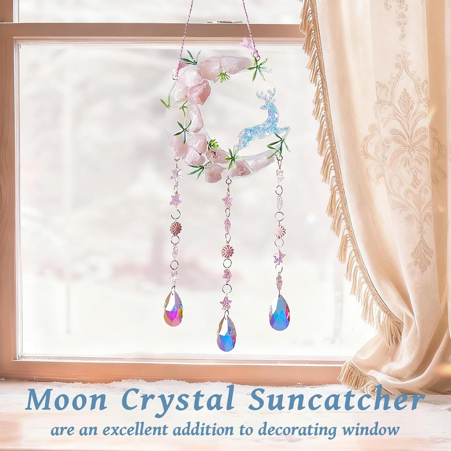 TUOKING Crystal Suncatchers for Window Green Deer Pink Dreamy Crystal Natural Stone Sun Catchers Rainbow Maker Ornament Gift Home Garden Decoration