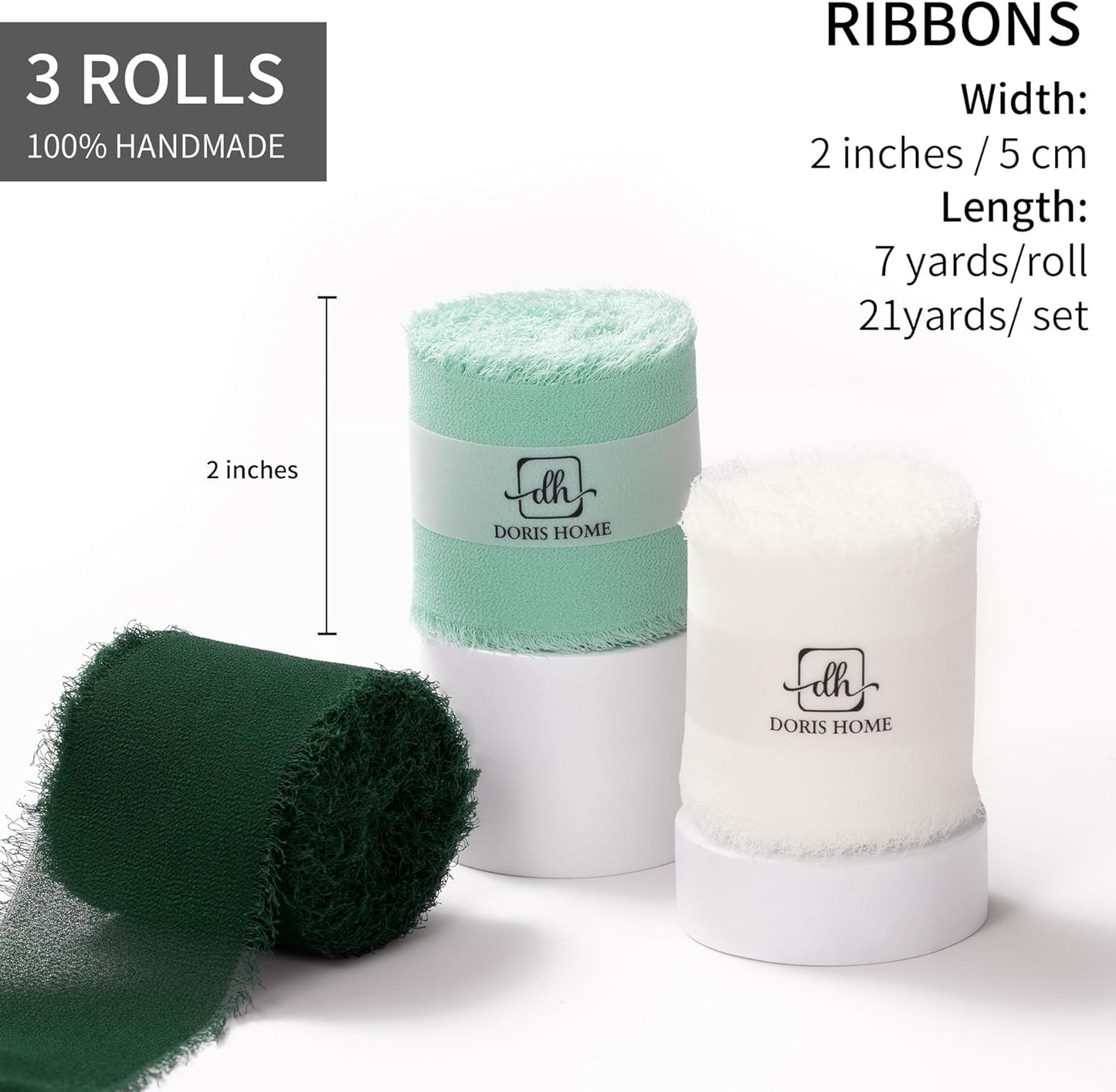 DORIS HOME 2" x21Yd Chiffon Ribbon for Flower Bouquet, Green & Ivory Fabric Ribbon for Gift Wrapping, Handmade Frayed Ribbon for Wedding/Christmas Decorations