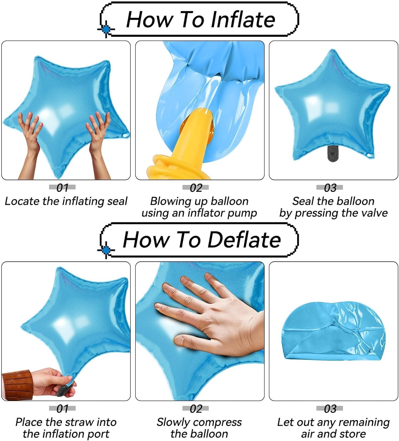 16 Pcs Blue Silver Star Balloons, 22/18/10 Inch Foil Balloons, Four-Pointed Balloon for Kids Boy Men Birthday Graduation Wedding Baby Shower Party Decorations