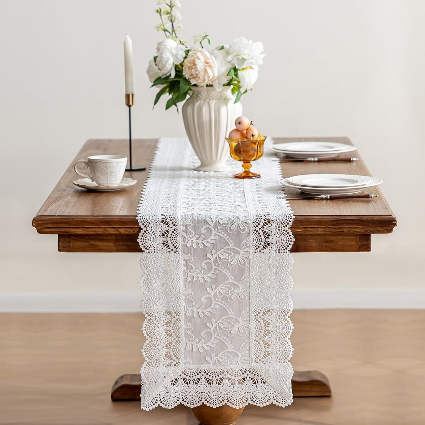 White Elegant Vintage Lace Table Runners,Wedding Lace Decor with Floral Embroidery,Tea Party Decor (White, 13.8X94.5 Inches)