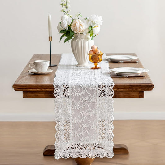 White Elegant Vintage Lace Table Runner,Wedding Lace Decor with Floral Embroidery,Tea Party Decor (White, 13.8X63 Inches)