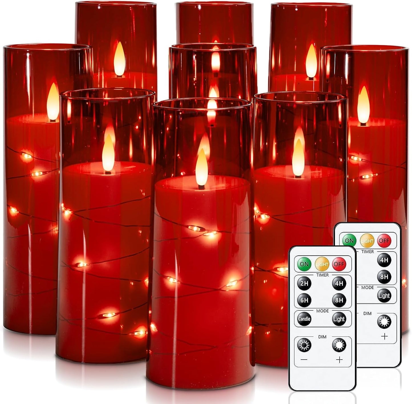 Raycare Flameless Candle with Remote Timer – 9 Flickering Acrylic Battery Operated LED Pillar Candles with Embedded Star String for Halloween, Home Decor, and as a Gift (Red)