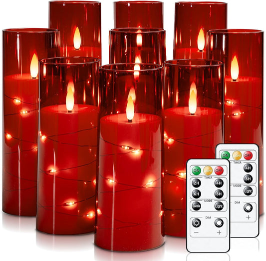 Raycare Flameless Candle with Remote Timer – 9 Flickering Acrylic Battery Operated LED Pillar Candles with Embedded Star String for Halloween, Home Decor, and as a Gift (Red)