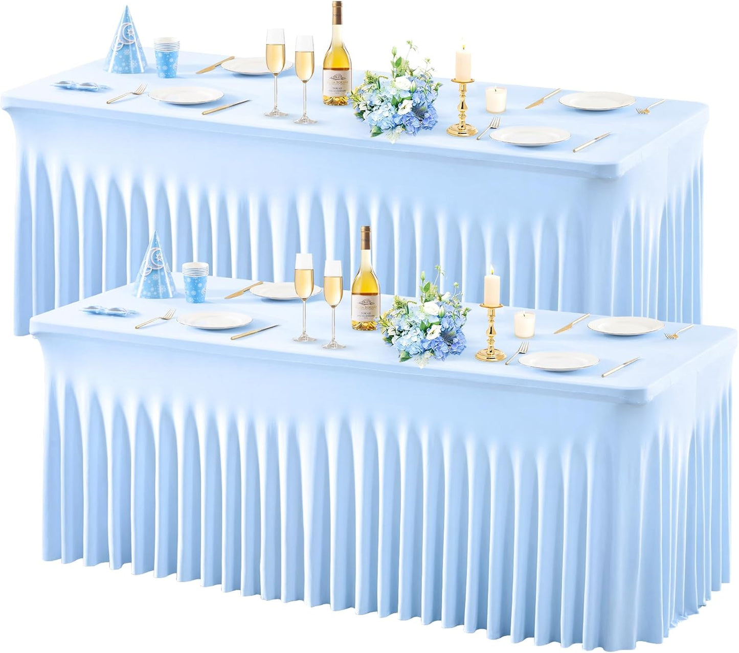 Wish Care 2 Pack Baby Blue Spandex Table Clothes for 8 Foot Rectangle Tables, 8FT Wrinkle Free Fitted Tablecloths Ruffles Design Table Cover for Party, Banquet, Wedding and Events