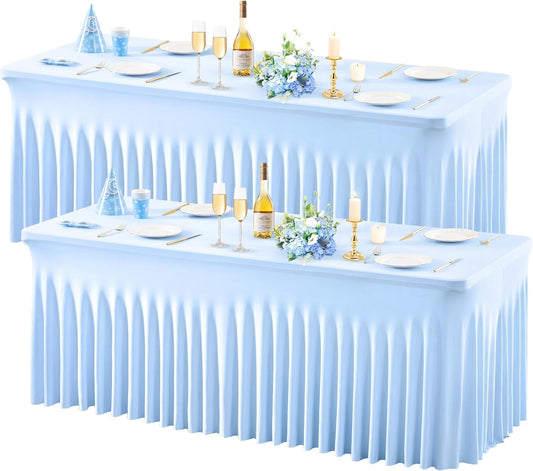Wish Care 2 Pack Baby Blue Spandex Table Clothes for 8 Foot Rectangle Tables, 8FT Wrinkle Free Fitted Tablecloths Ruffles Design Table Cover for Party, Banquet, Wedding and Events