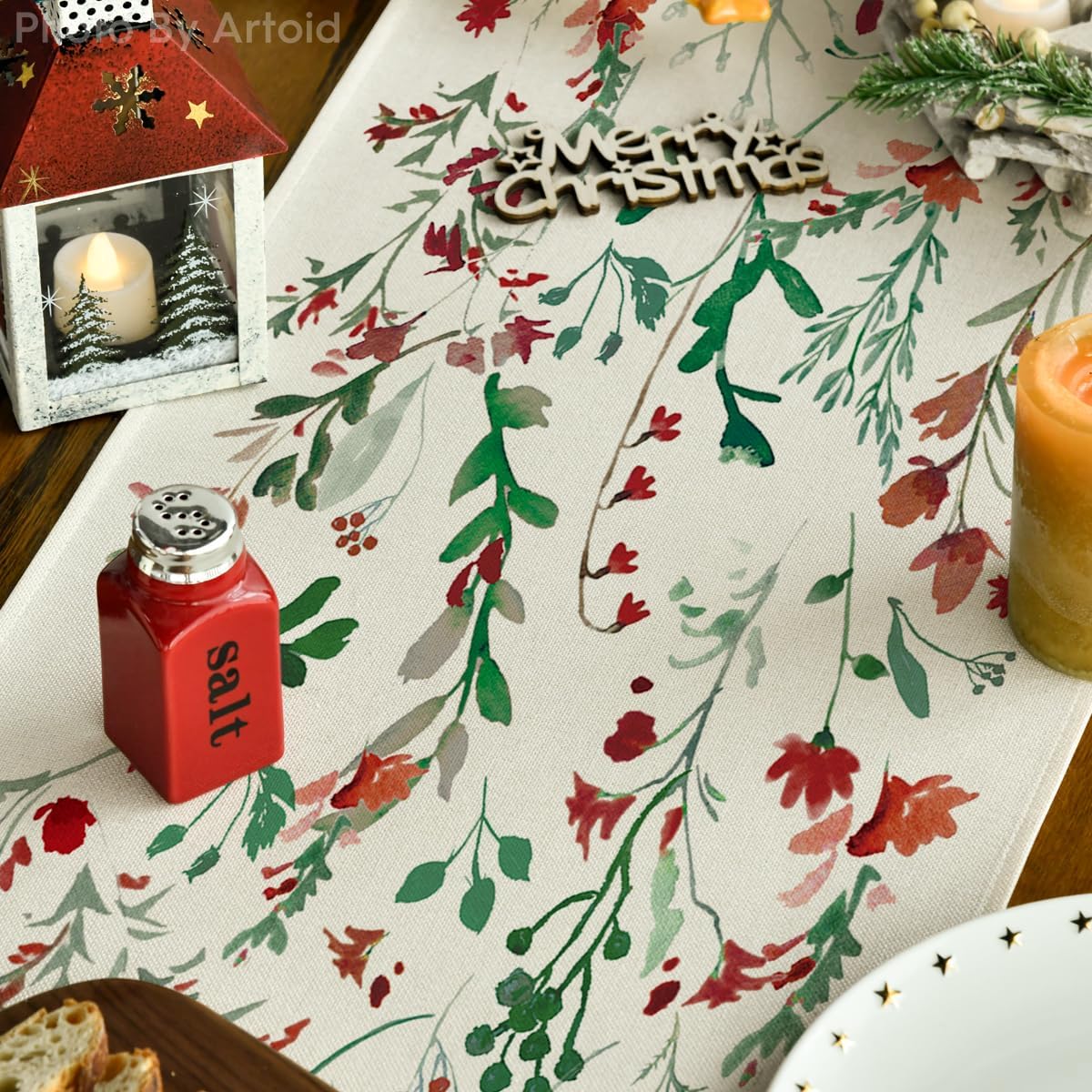 Artoid Mode Floral Leaves Christmas Table Runner, Wild Flowers and Grasses Winter Kitchen Dining Table Decoration for Home Party Decor 13x120 Inch