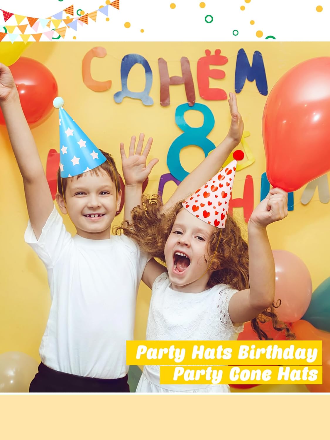 20 Pcs Birthday Party Cone Hats with Pom Poms Assorted Cone Paper Hat for Birthday Christmas New Year Party Supplies, 10 Styles