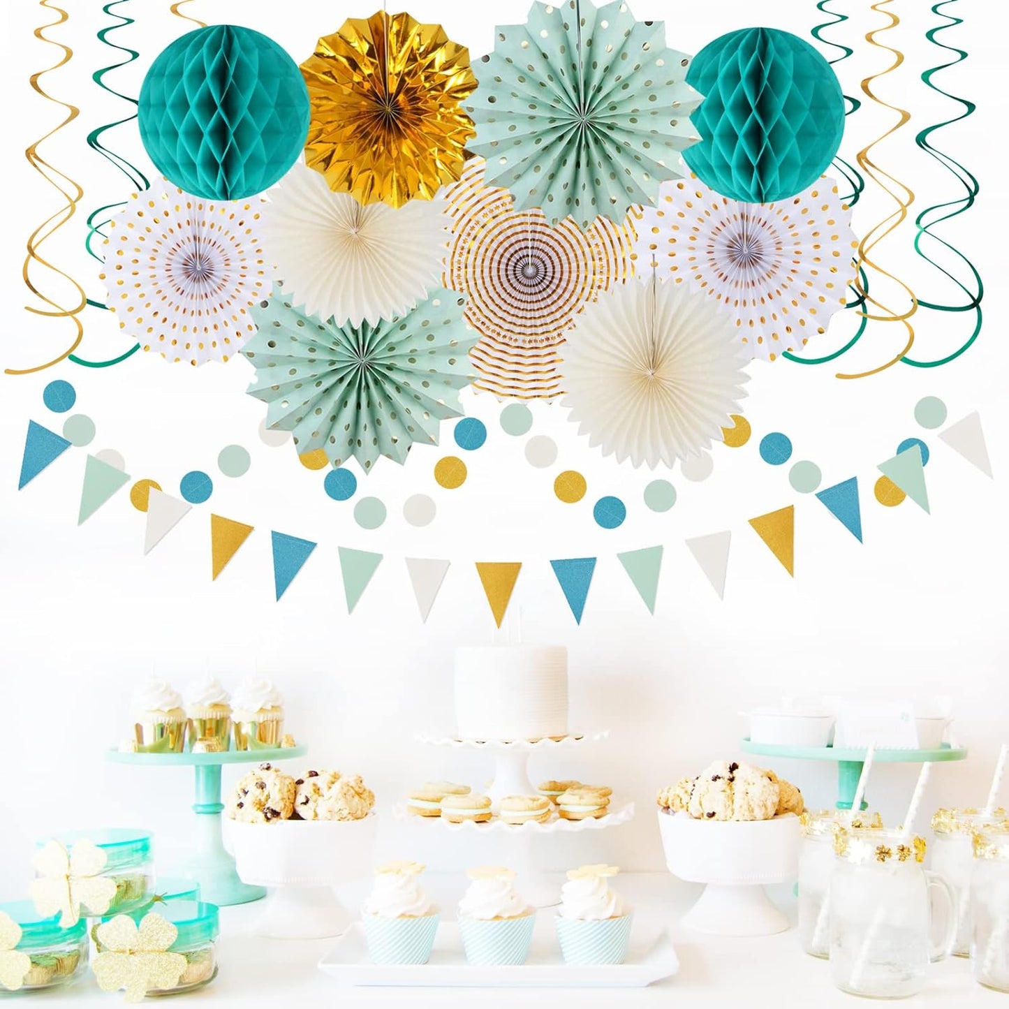 Teal-Gold Sage Green Party-Decoration - 33pcs Kits Tissue Pom Poms Honeycomb,Banner,Streamers Tassel Garland,Paper Lantern Fans,Wedding Engagement Bachelorette Birthday Baby Bridal Shower Decor Hugtmr