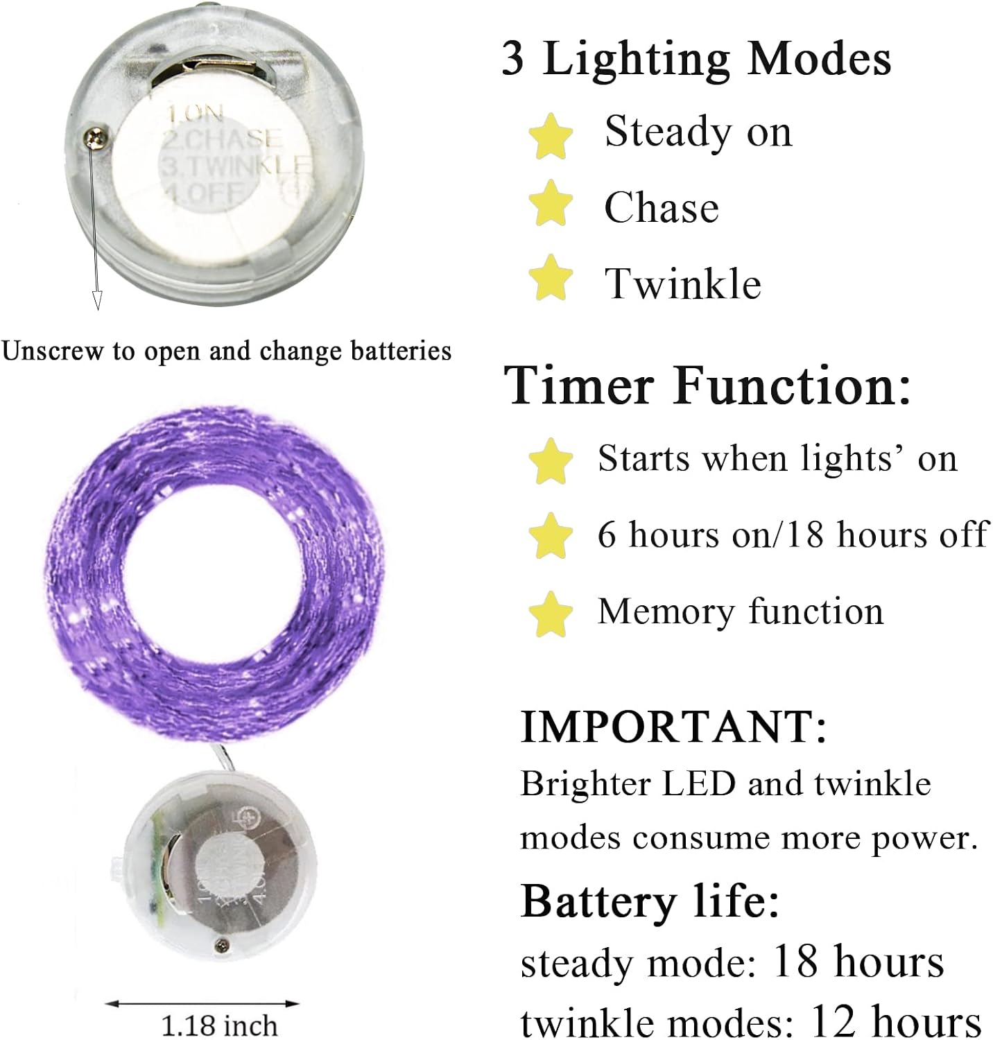 Twinkle Fairy Lights Battery Operated 3 Modes with Timer Firefly Lights 20 LED on 7.2 feet Silvery Copper Wire for DIY Wedding Party Christmas Halloween Centerpiece Decorations 15 Pack (Purple)