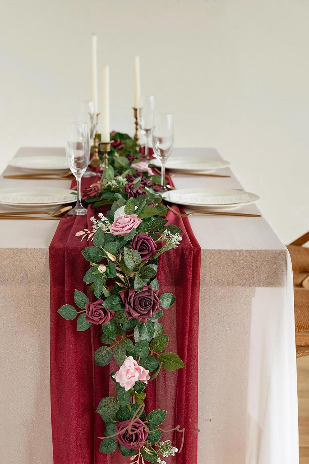 Ling's moment 5FT Burgundy Artificial Flower Garland Dusty Rose Leaves Floral Garland Arch Flowers Vine for Wedding Party Backdrop Decor Mantel Home Table Centerpieces Wall Decorations