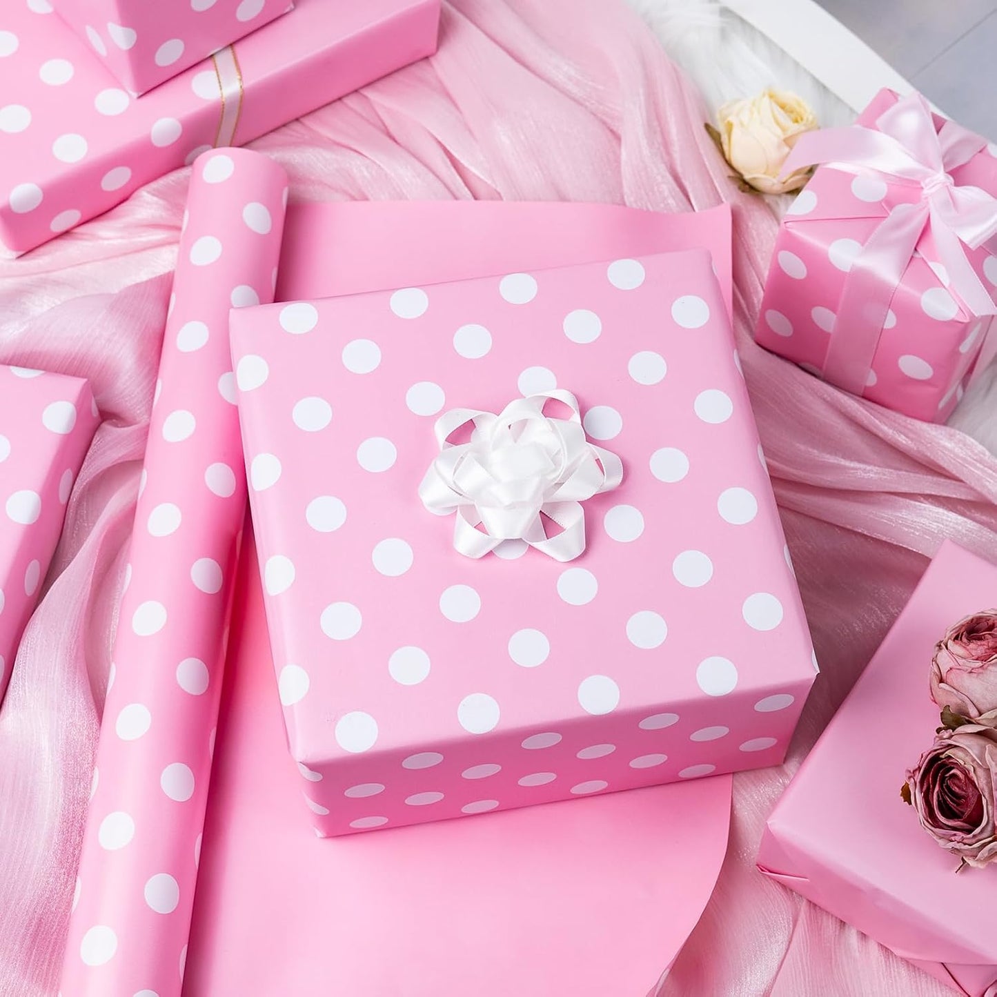 Burymento Pink and White Dots Wrapping Paper, Reversible Pink Gift Wrap for Birthday, Valentines, Mothers day, Graduation, Wedding, Fathers day, Baby Shower, Christmas (17in x 32.8ft)